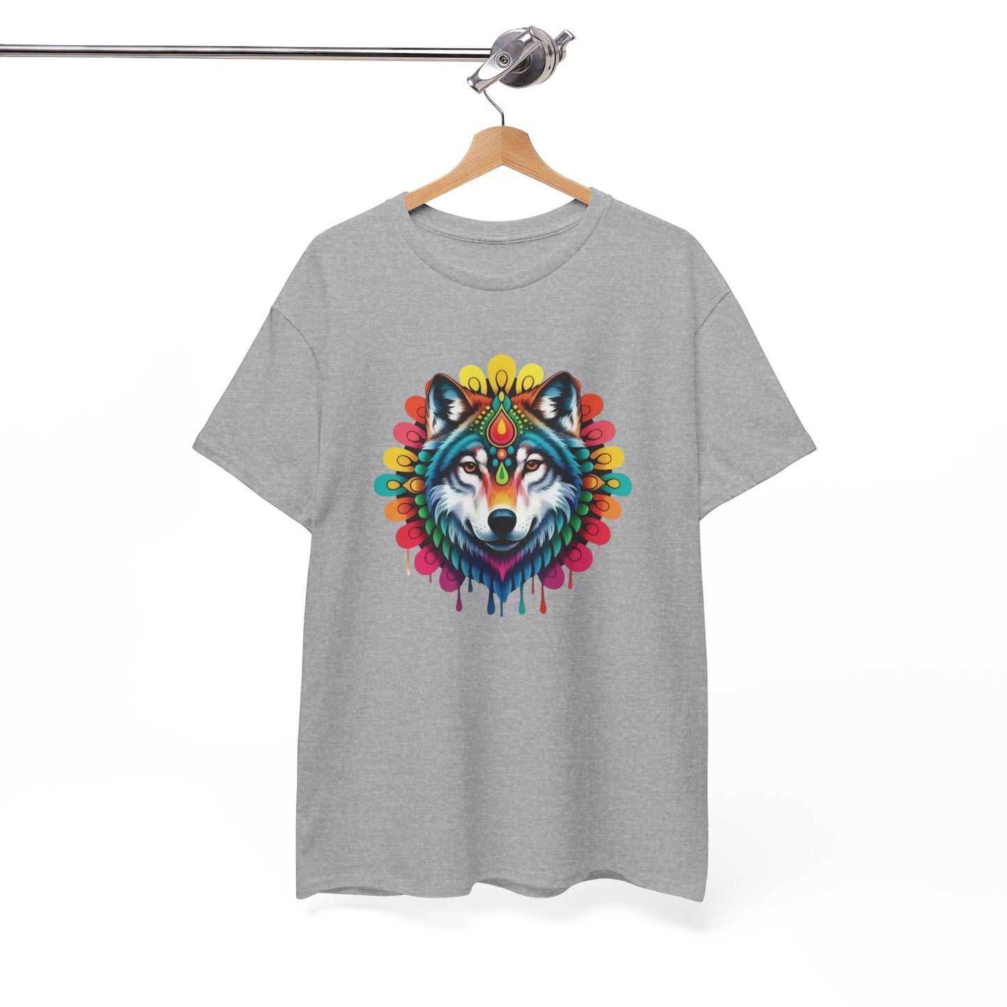 T-Shirt Loup Coloré Mandala – Tee Shirt Wolf Spirituel Tribal – Cadeau Original Animal Mystique Noir Blanc Gris