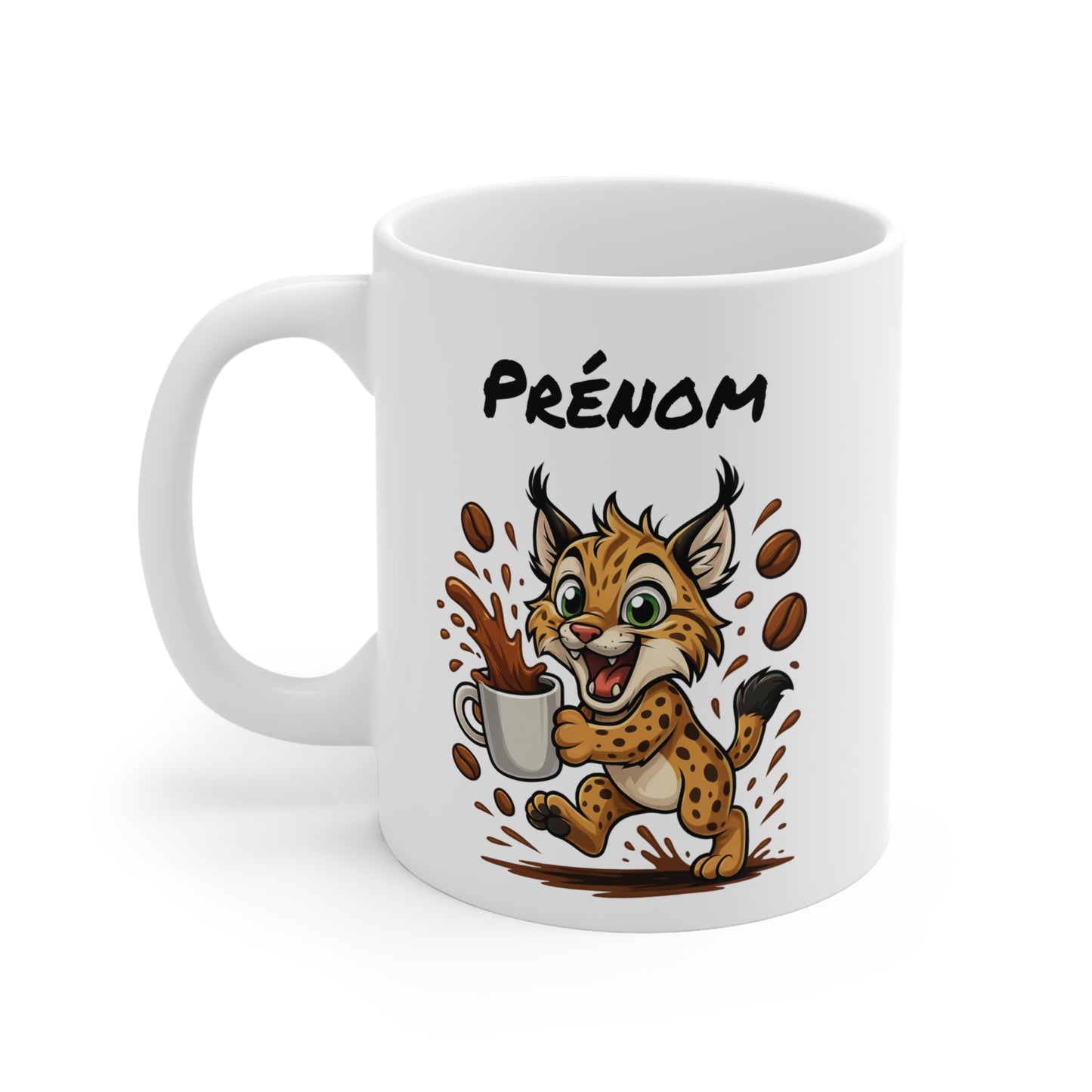 Tasse Personnalisable Lynx Café – Mug Prénom Animal Cartoon Céramique 325ml – Cadeau Original