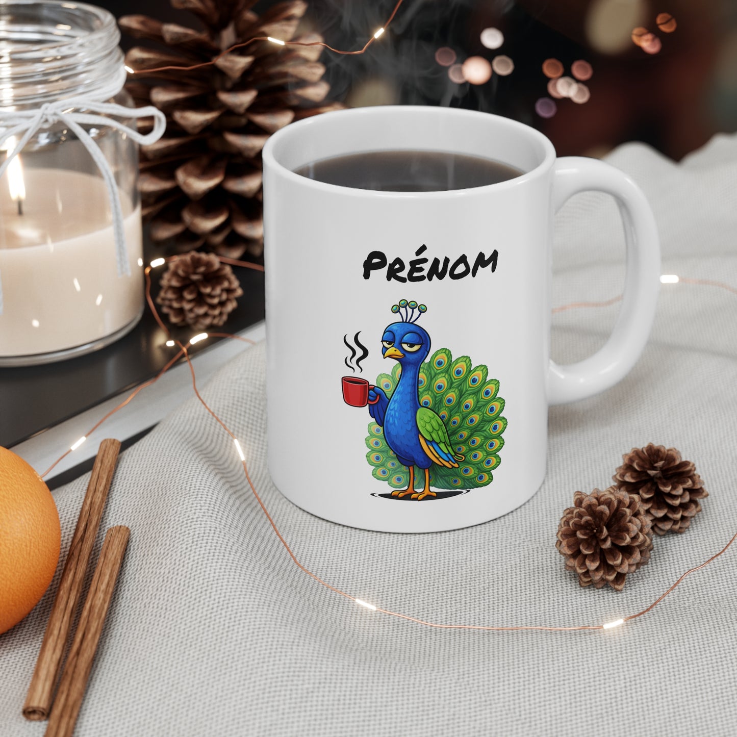 Tasse Paon Fatigué avec Café – Mug Animal Coloré et Humour – Illustration Oiseau Mignon 325ml – Idée Cadeau Originale
