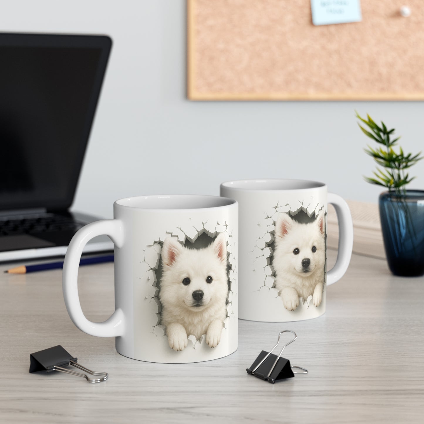 Mug Spitz Blanc Effet Mur Cassé – Tasse Chien 3D Trompe-l’œil – Cadeau Original Amoureux du Spitz
