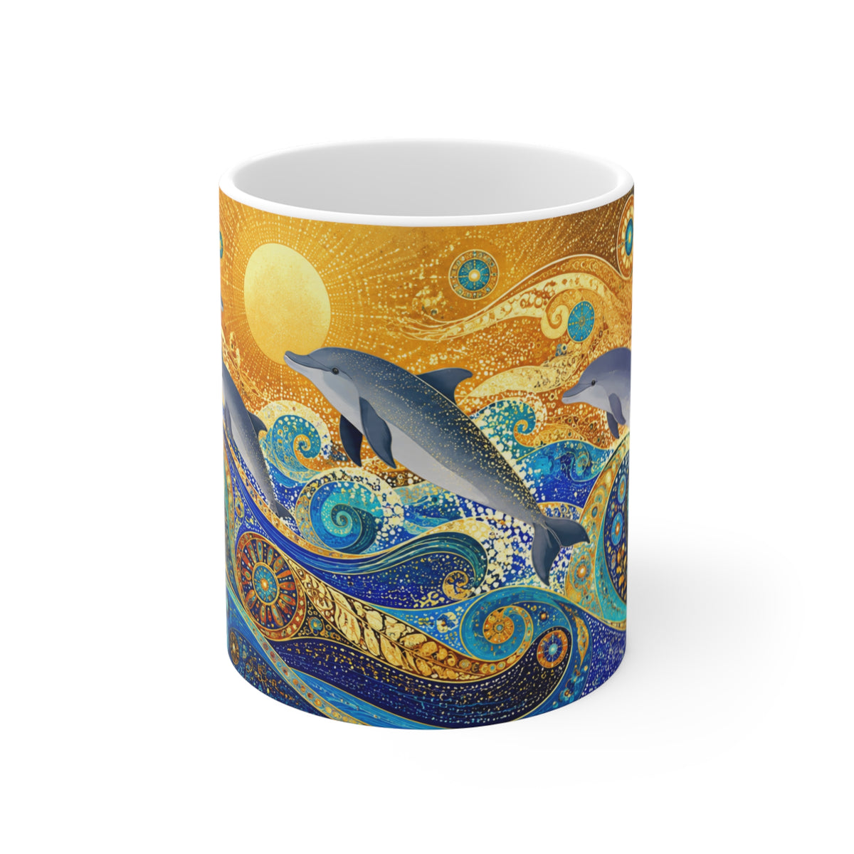 Mug Dauphins dans les Vagues Bleu et Or – Tasse Océan Style Artistique avec Soleil Doré – Cadeau Original Amoureux de la Mer