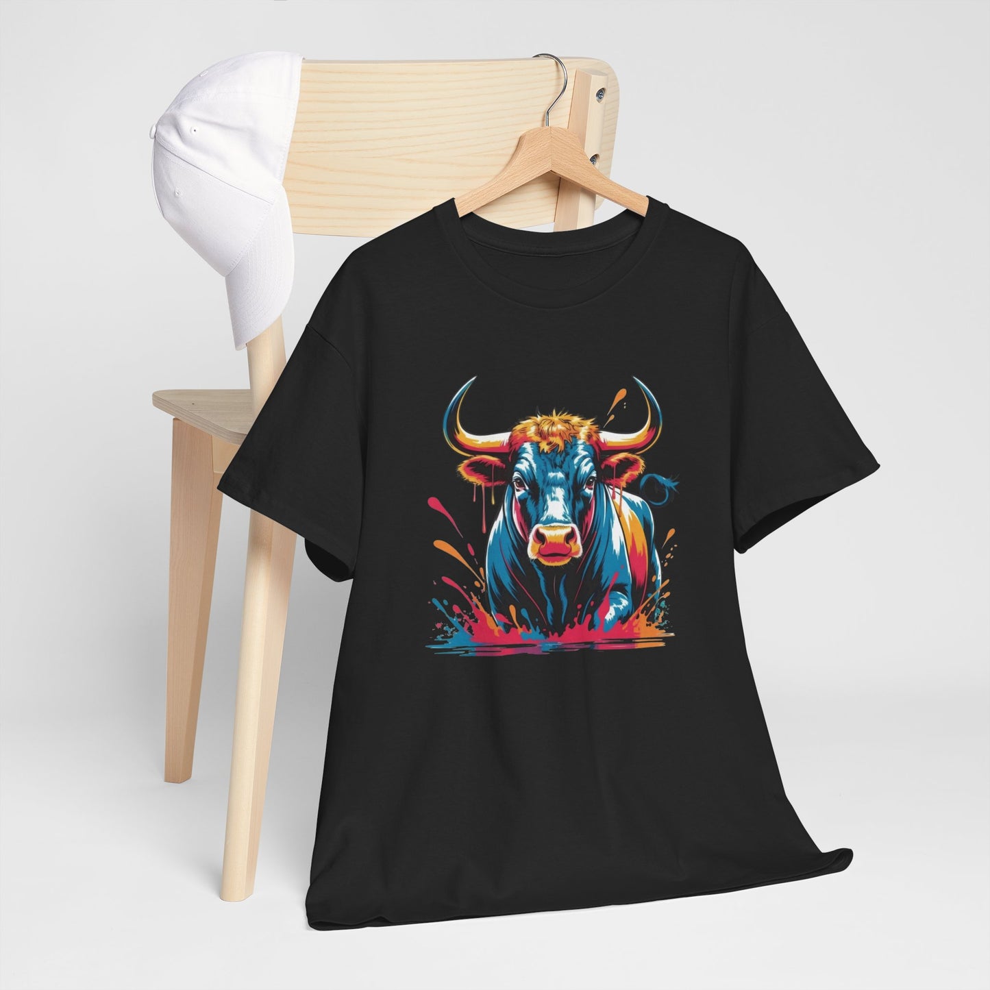 T-Shirt Taureau Adulte – Bull Color Splash Street Art – Tee Shirt Animal Puissant Noir Blanc Gris Cadeau Original