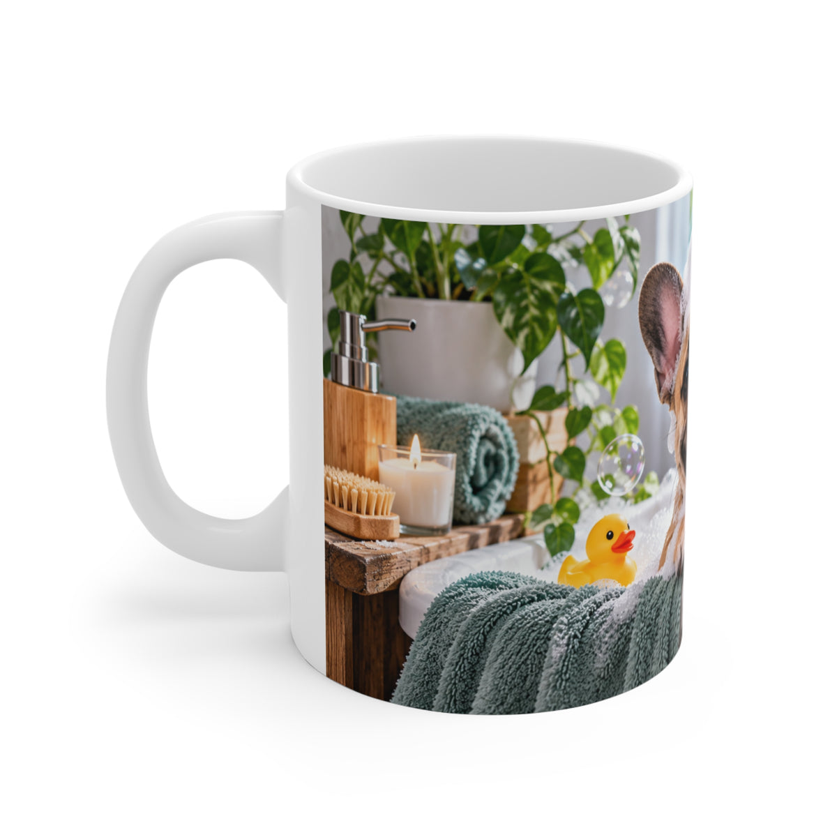 Mug Bouledogue Français dans le Bain – Tasse Chien avec Mousse et Canards – Cadeau Original Amoureux des Chiens