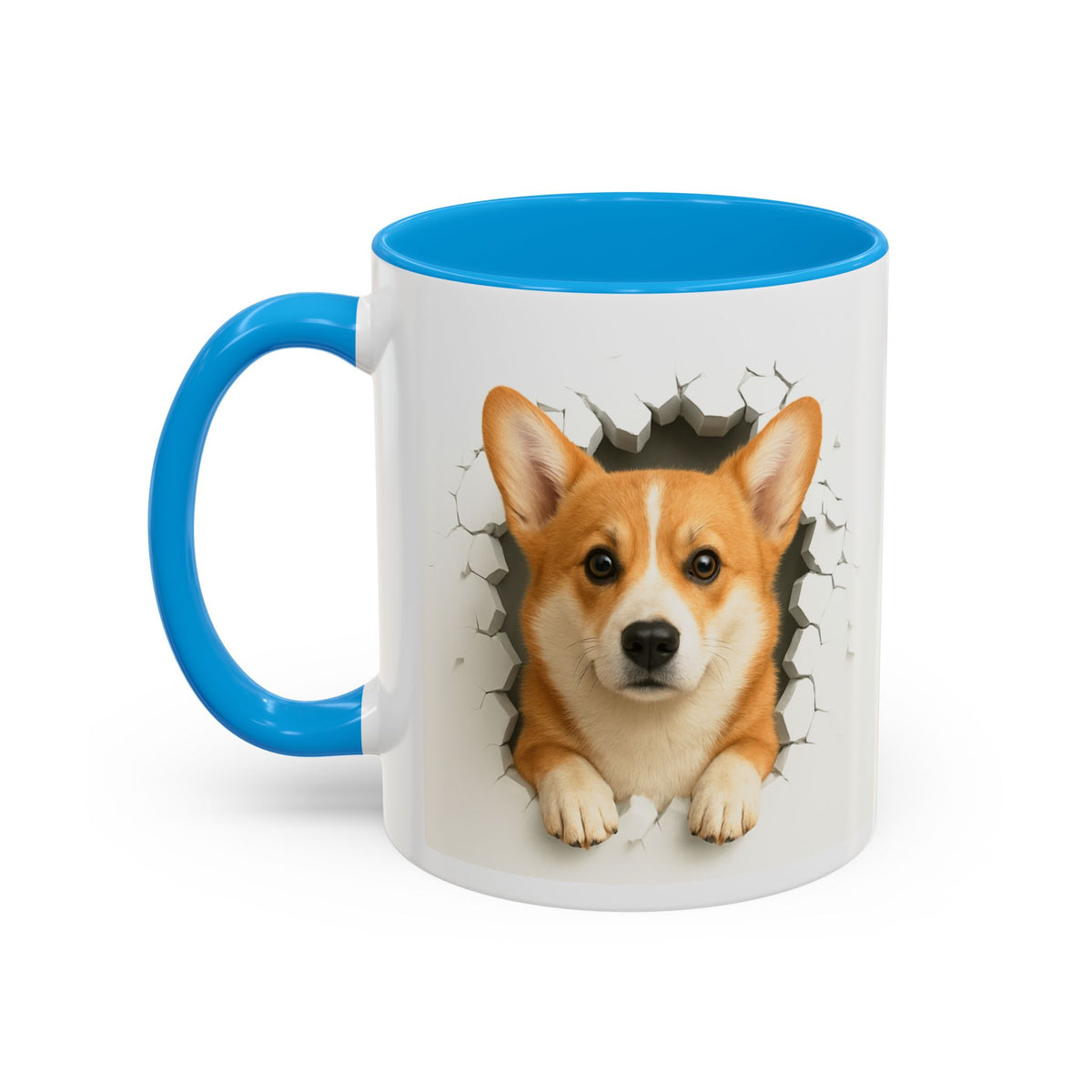 Mug Corgi Effet Mur Cassé – Tasse Chien 3D Trompe-l’œil – Cadeau Original Amoureux du Corgi noir bleu rouge