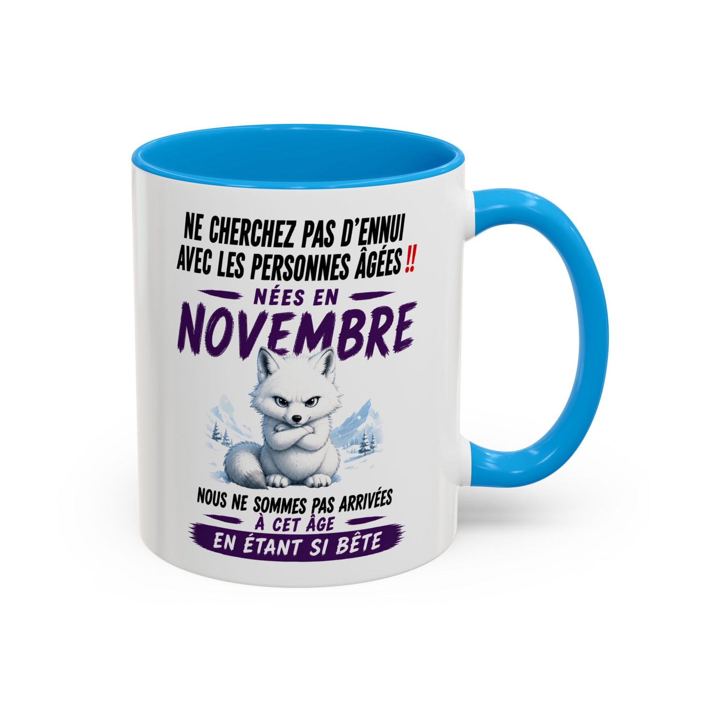 Tasse Humour Personnes Nées en Novembre – Mug Renard Arctique Drôle Senior Retraité – Cadeau Anniversaire Homme Femme 325ml