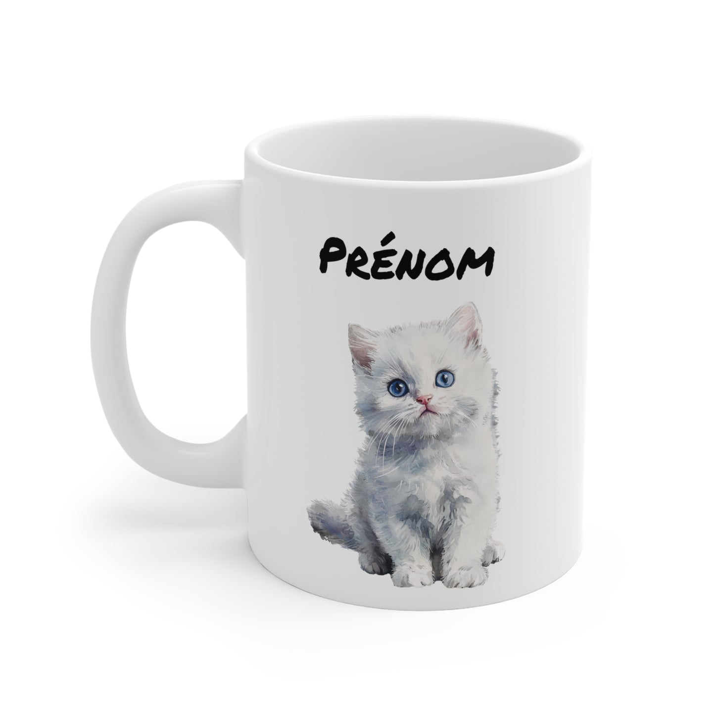 Tasse Personnalisable Chat Blanc Aquarelle – Mug Céramique 325 ml – Cadeau avec Prénom pour Amoureux des Chats