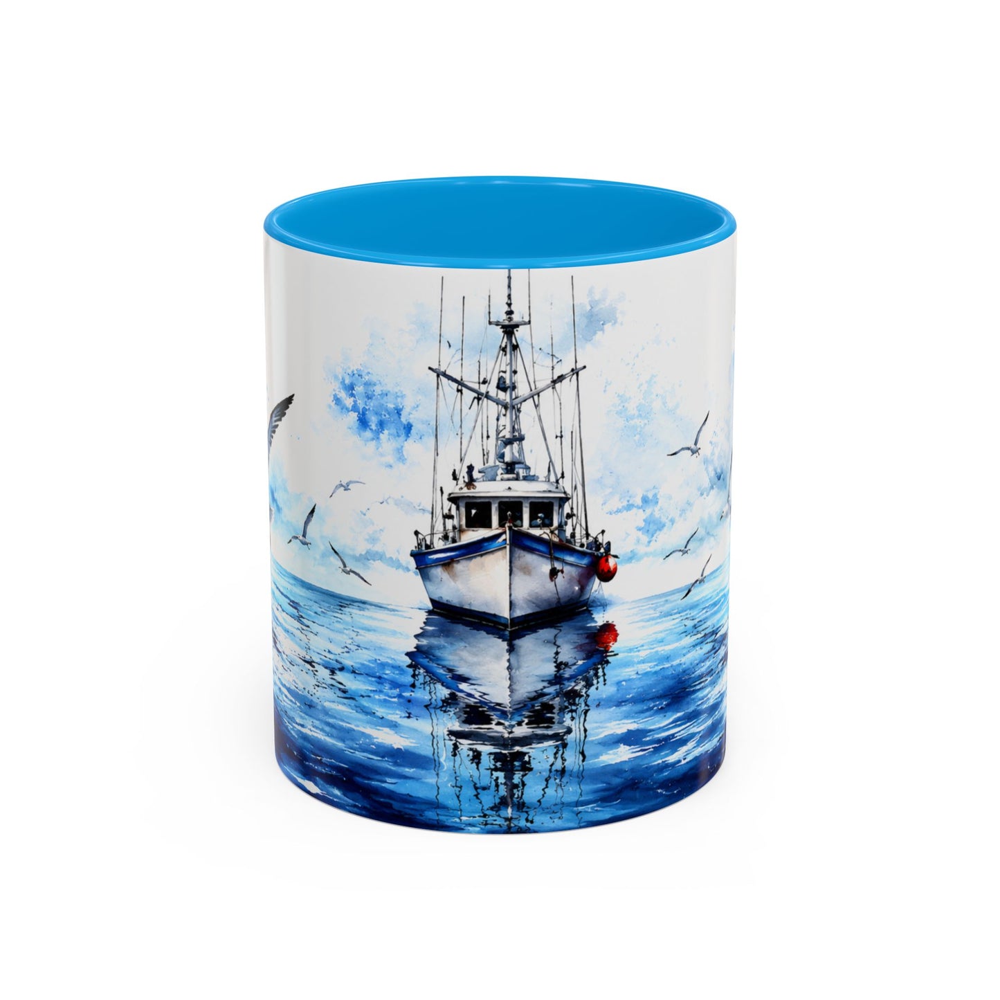 Tasse Bateau Marin – Mug Océan Aquarelle avec Mouettes – Cadeau Mer Pêche Homme Femme 325ml