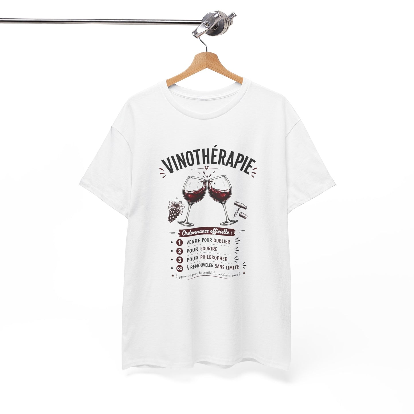 T-Shirt Vinothérapie Homme Femme – Tee Shirt Humour Vin Apéro – Cadeau Drôle Amateur Vin Soirée Noir Blanc Gris
