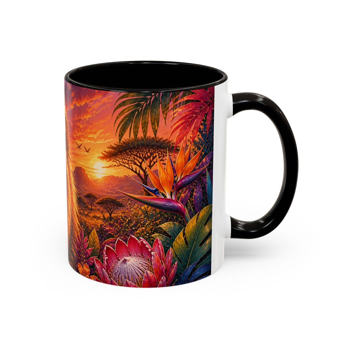 Tasse Lion Tropical – Mug Safari avec Lion Majestueux, Fleurs Exotiques et Couché de Soleil Africain – Design Jungle 325ml