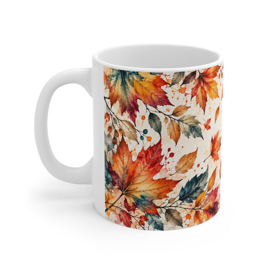 Mug Feuilles d’Automne Colorées – Tasse Motif Aquarelle Orange Rouge et Doré – Cadeau Original Saison Automnale