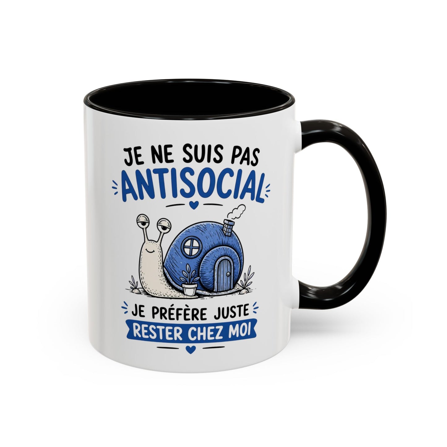 Mug Humour Introverti – Je Ne Suis Pas Antisocial Je Préfère Rester Chez Moi – Tasse Drôle Escargot – Cadeau Original Céramique 325ml Noir Bleu Rouge