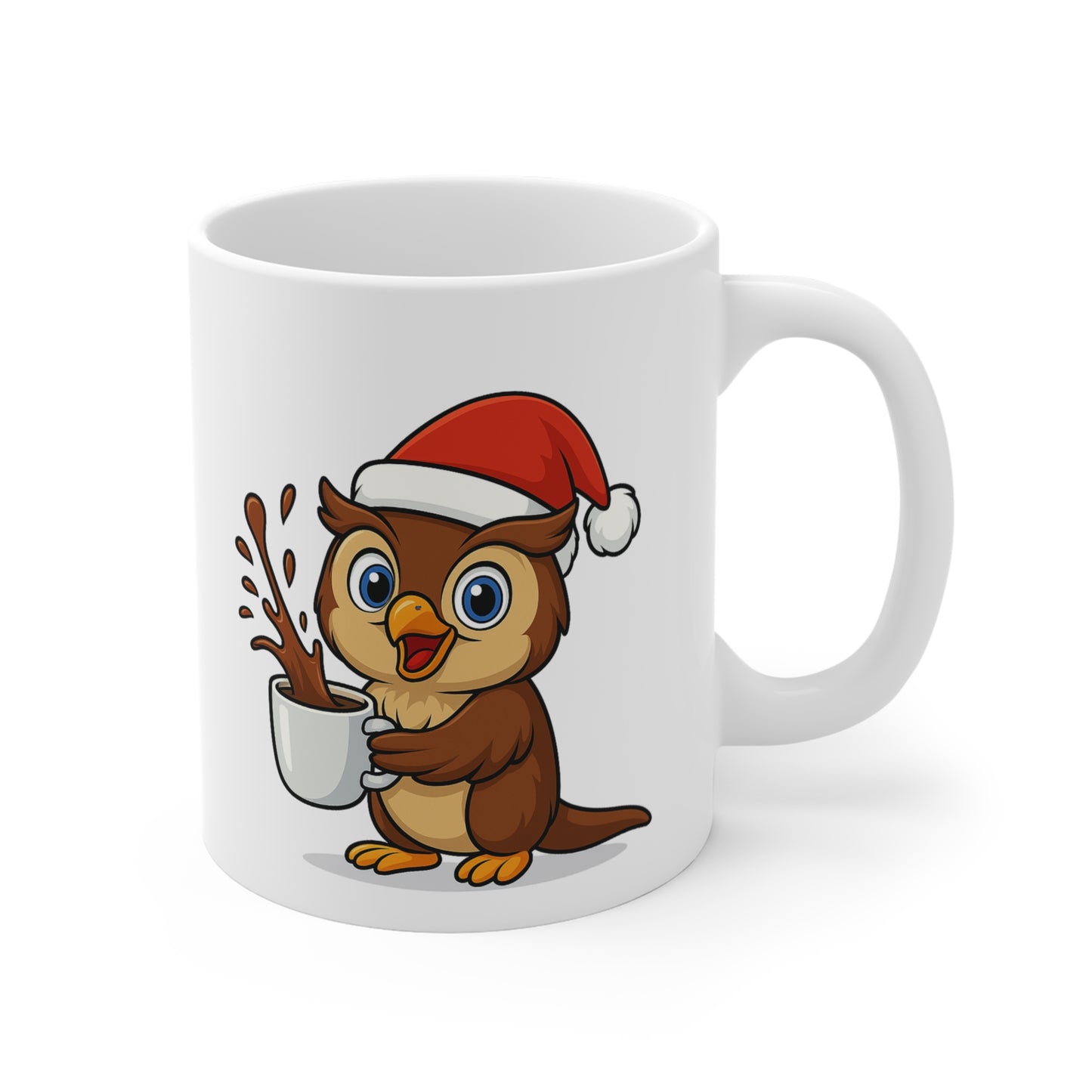 Mug Hibou Noël 325ml – Tasse Céramique Mignonne avec Bonnet Rouge – Cadeau Fêtes Original