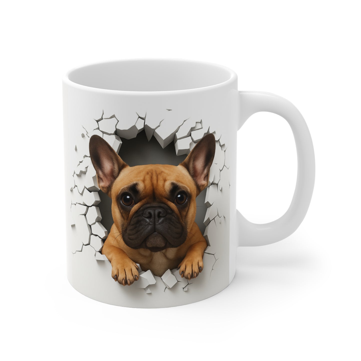Mug Bouledogue Français Fauve Effet Mur Cassé – Tasse Chien 3D Trompe-l’œil – Cadeau Original Amoureux du Bouledogue Français