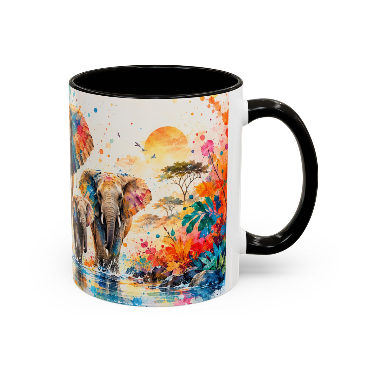 Mug Famille d’Éléphants Colorés – Tasse Style Aquarelle Afrique Savane – Cadeau Original Amoureux des Animaux