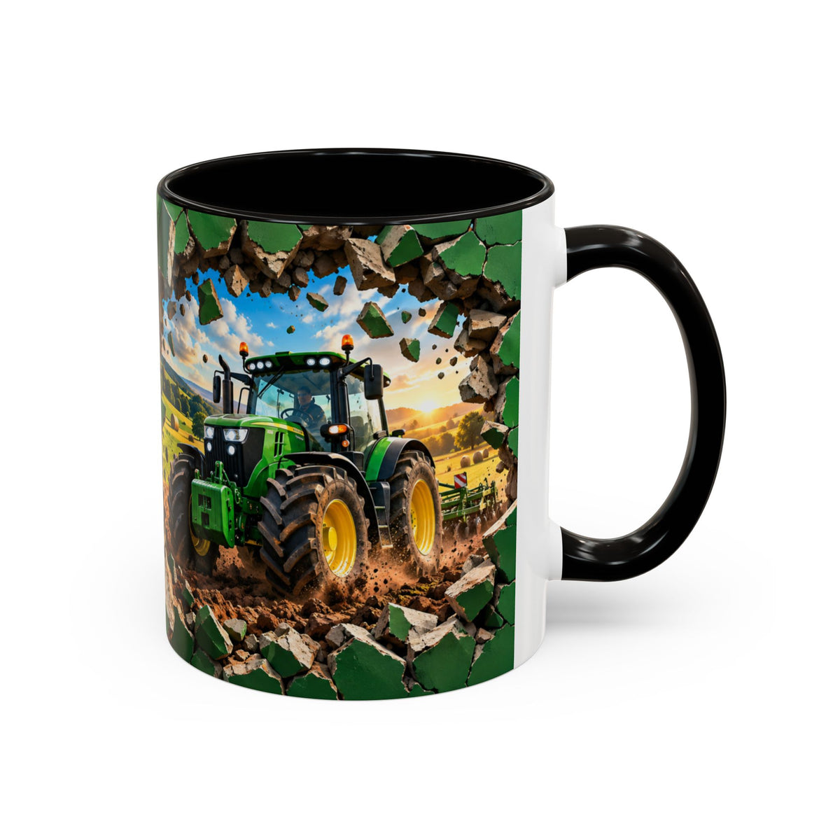 Mug Tracteur Agricole Vert – Tasse Agriculture avec Champ et Effet Mur Brisé – Cadeau Original Agriculteur Passionné de Tracteurs