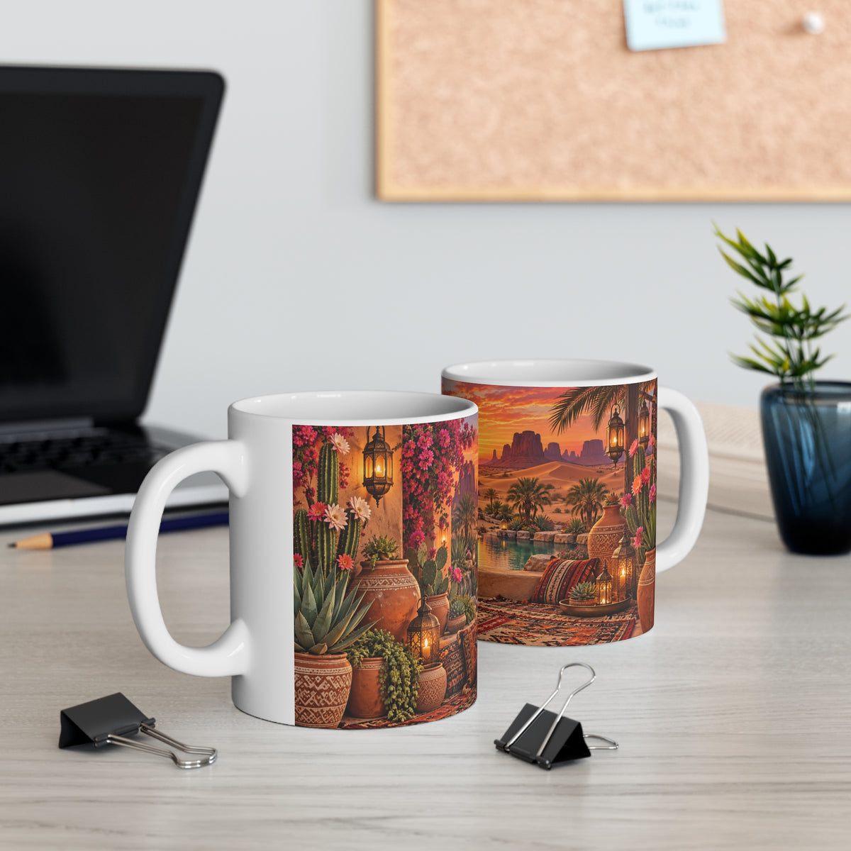Mug Paysage Désertique Oriental au Coucher de Soleil – Tasse Oasis, Cactus, Lanternes et Décor Bohème – Cadeau Original Voyage et Déco