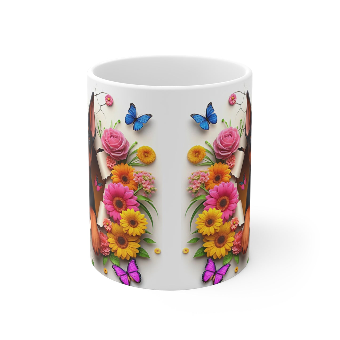 Tasse Céramique Doberman et Fleurs – Mug Chien Mignon Papillons – Cadeau Animaux Bohème 325ml