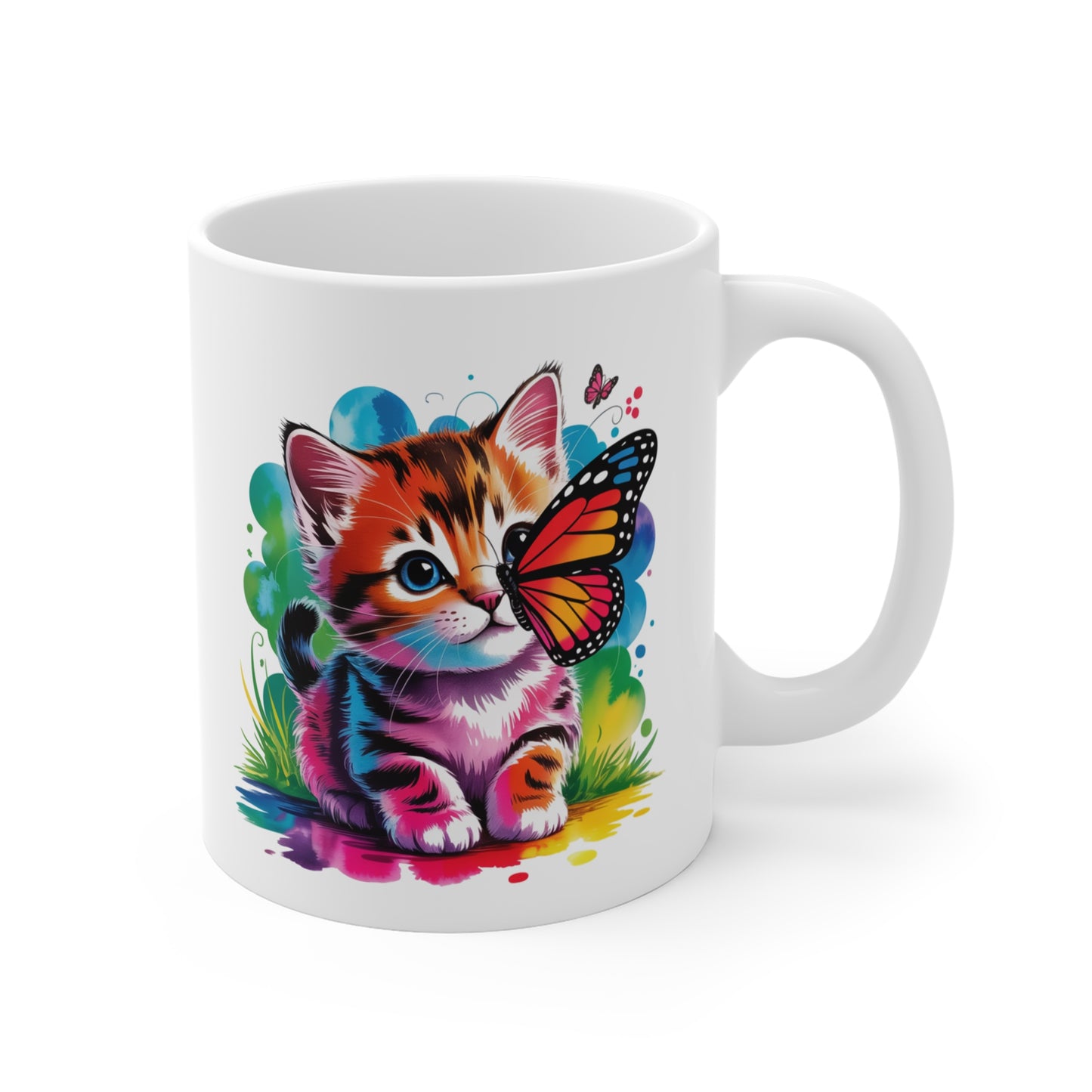 Mug Chaton Kawaii avec Papillon Arc-en-Ciel – Tasse Chat Mignon Colorée – Design Féérique et Artistique – Cadeau Original Amoureux des Chats – Céramique 325ml