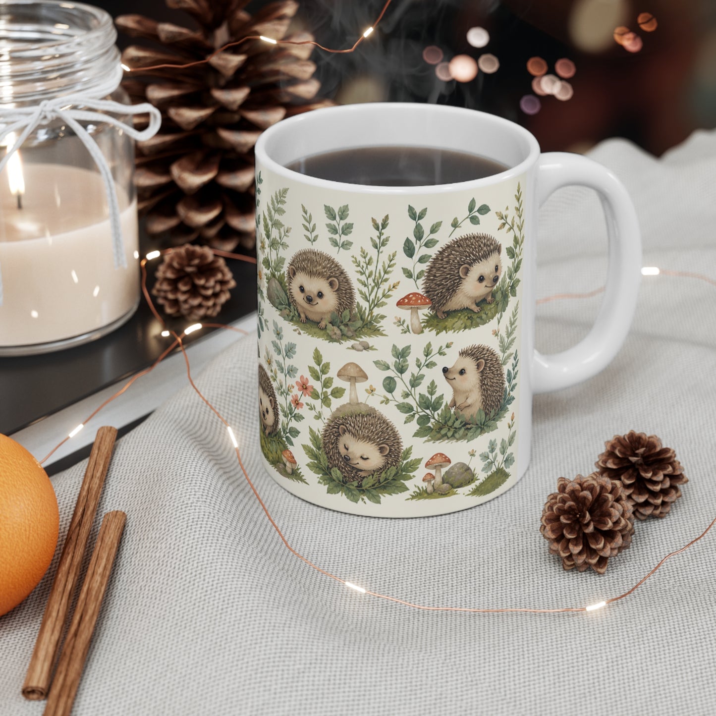 Tasse Hérisson Mignon Forêt – Mug Kawaii Nature Champignons Fleurs Woodland – Cadeau Homme Femme Enfant 325ml