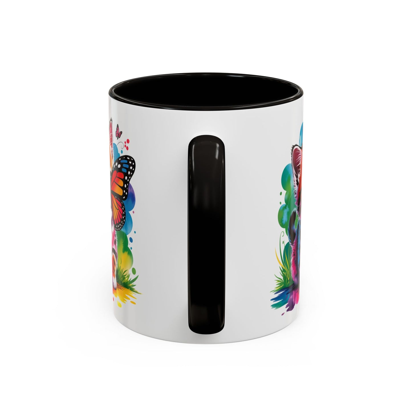 Mug Chaton Kawaii avec Papillon Arc-en-Ciel – Tasse Mignonne et Colorée Cadeau Amoureux des Chats – Céramique 325ml