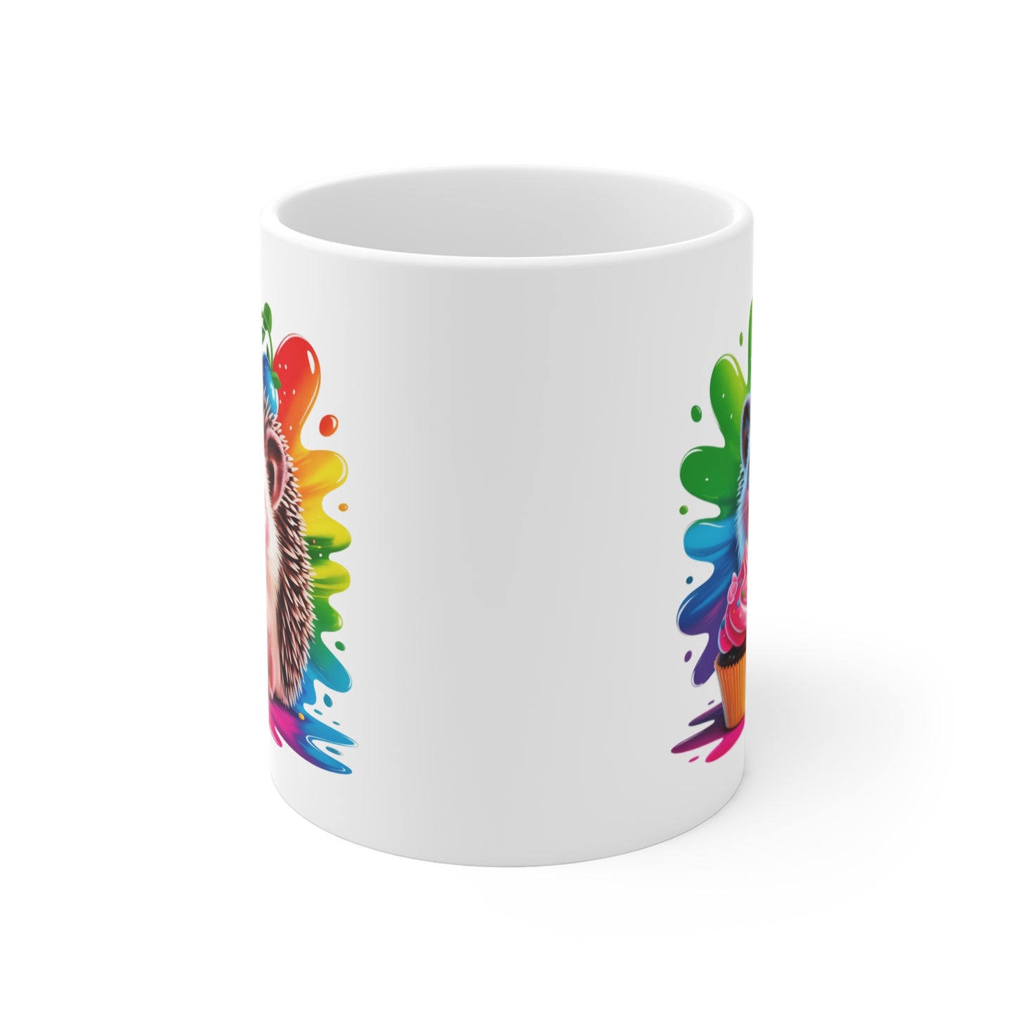 Tasse Hérisson Mignon avec Cupcake – Mug Animal Kawaii Coloré – Design Gourmand Bonbons Arc-en-ciel – Cadeau Fun et Sucré 325ml