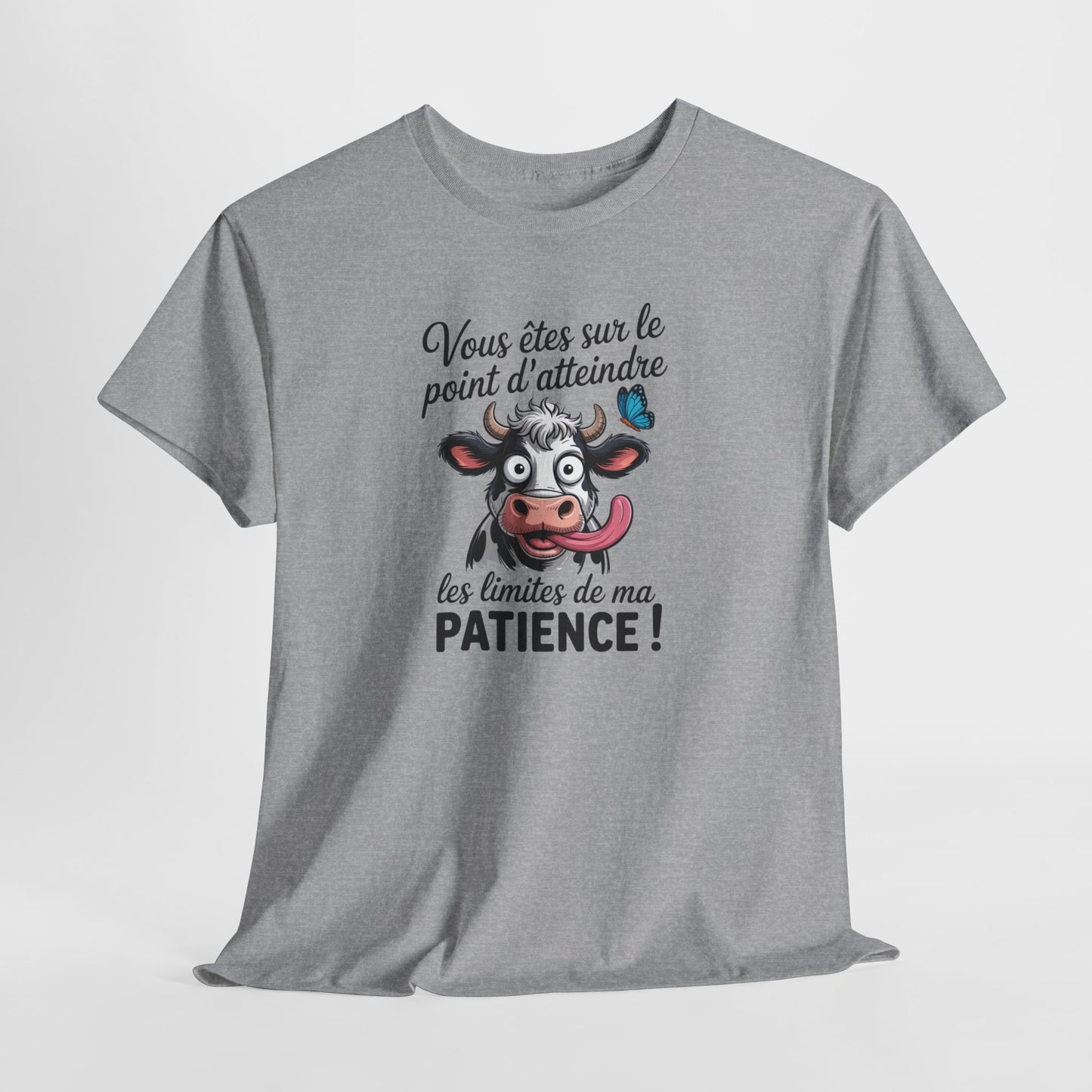 T-Shirt Humoristique Vache Patience – Tee Shirt Drôle Adulte Homme Femme – Cadeau Humour Animal – Noir Blanc Gris