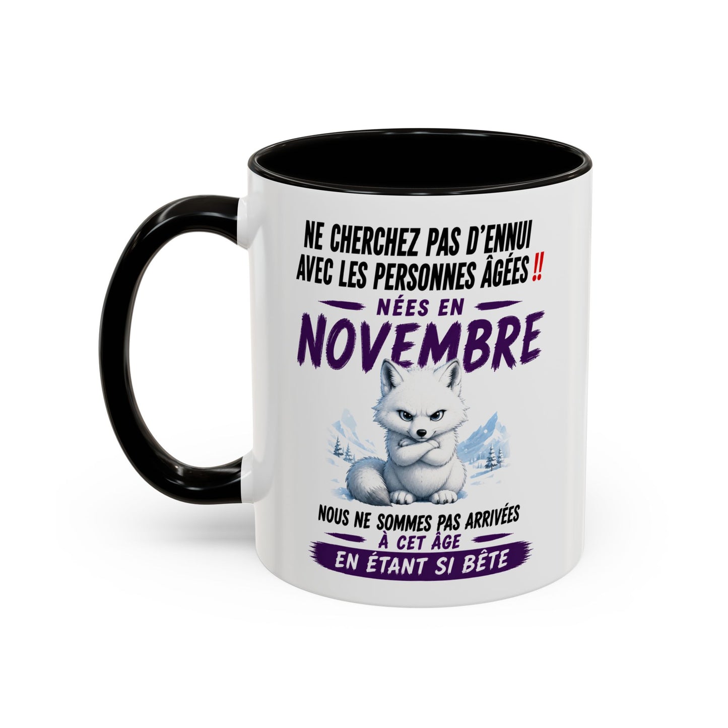 Tasse Humour Personnes Nées en Novembre – Mug Renard Arctique Drôle Senior Retraité – Cadeau Anniversaire Homme Femme 325ml