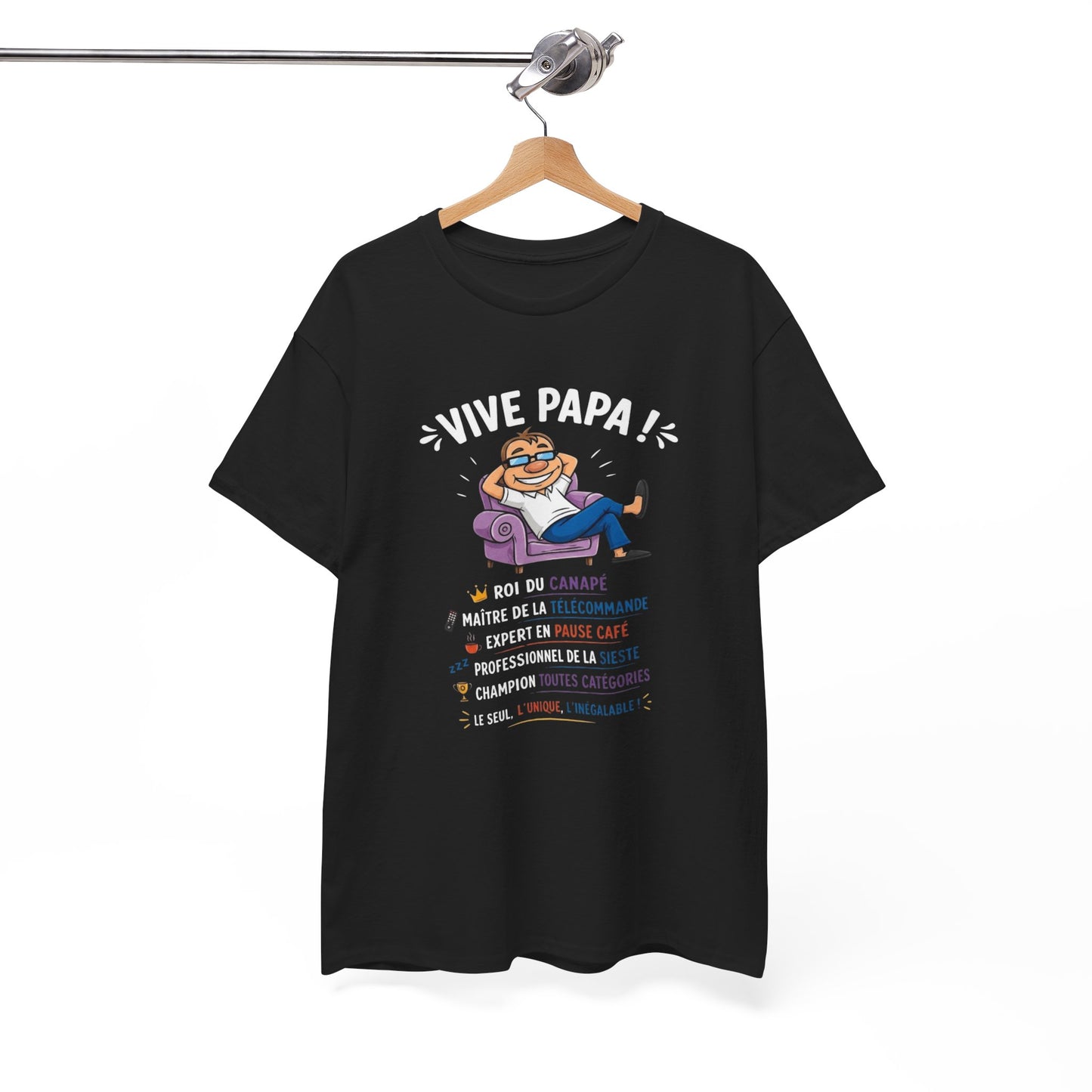 T-Shirt Vive Papa Homme – Tee Shirt Humour Papa Canapé Télécommande – Cadeau Fête des Pères Papa Cool Noir Blanc Gris