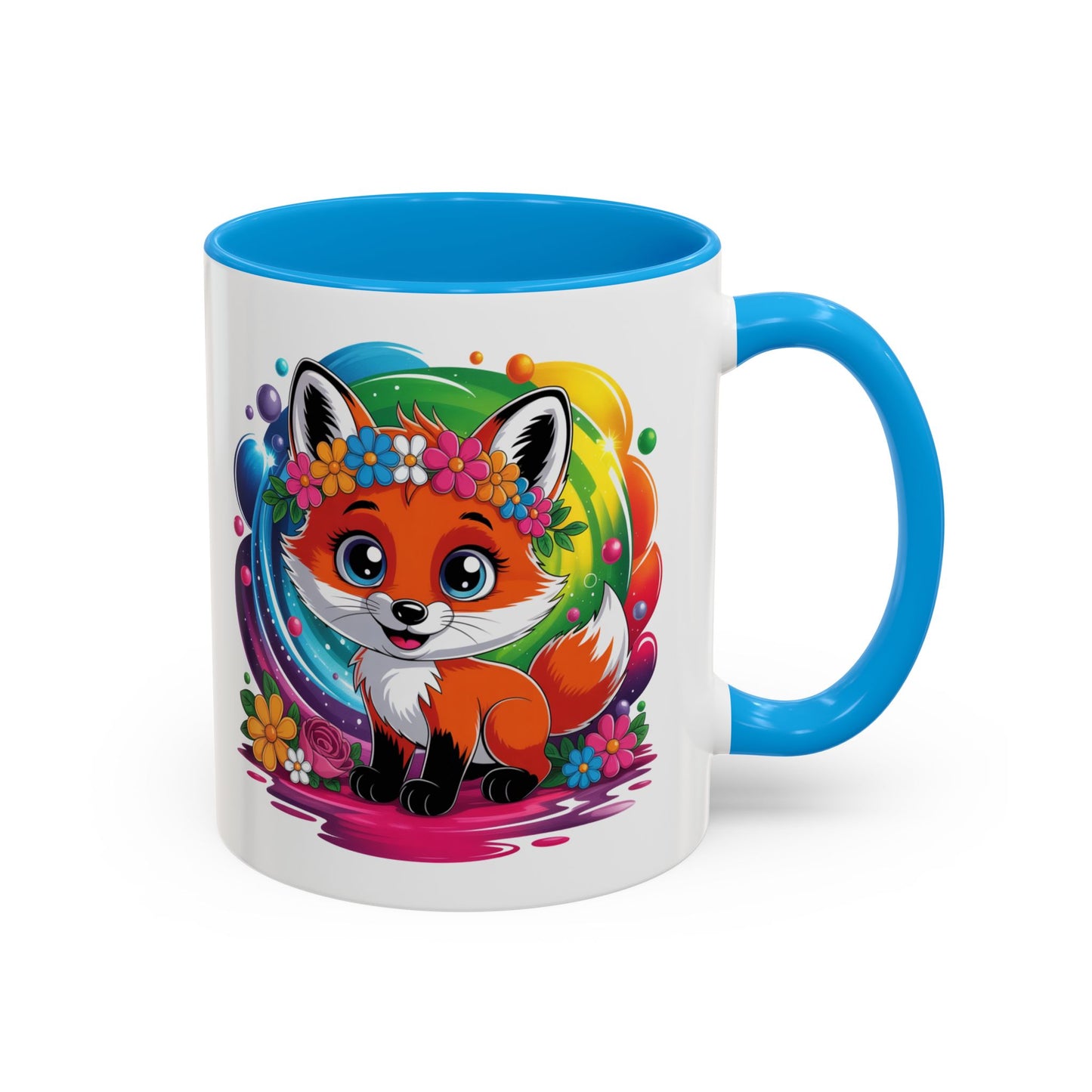 Mug Renard Mignon Multicolore – Tasse Design Kawaii Renard et Fleurs Arc-en-ciel – Cadeau Original 325ml