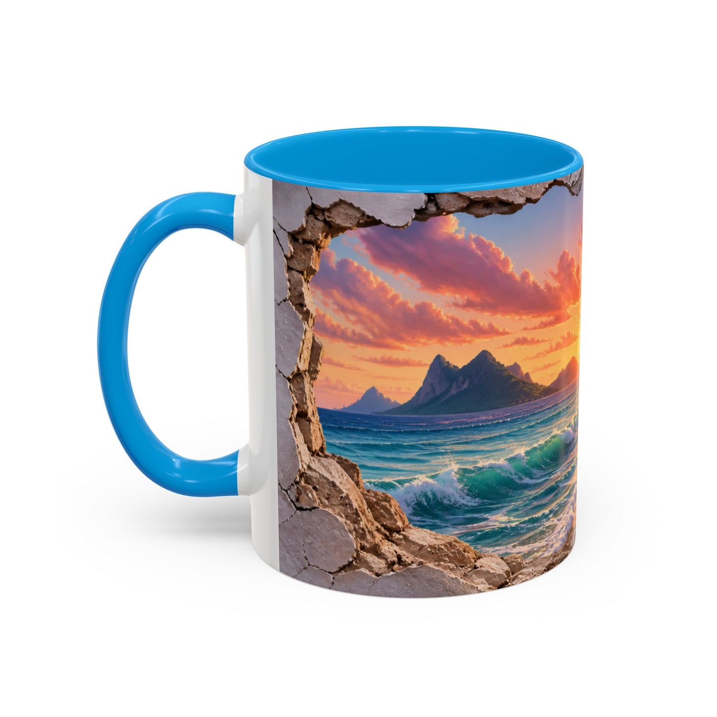 Tasse Plage Tropicale et Océan – Mug Paysage Paradis Exotique – Design Artistique Effet Mur Cassé – Céramique 325ml