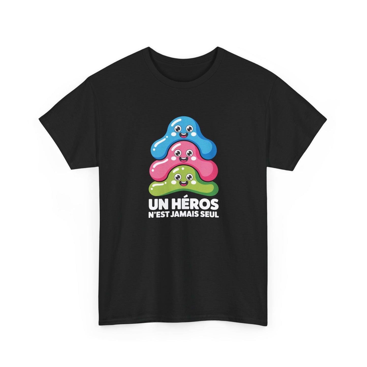 T-Shirt Mignon Kawaii Homme Femme – Tee Shirt Héros Jamais Seul – Cadeau Cute Fun Noir Blanc Gris