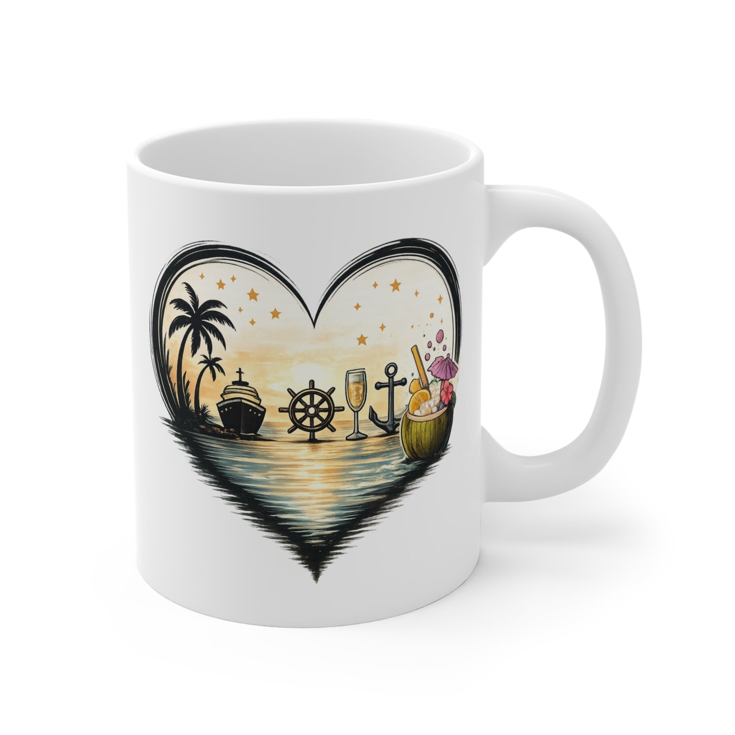 Mug Cœur Tropical – Tasse Plage Palmier Cocktail – Design Vacances Exotique Romantique – Cadeau Voyage 325 ml