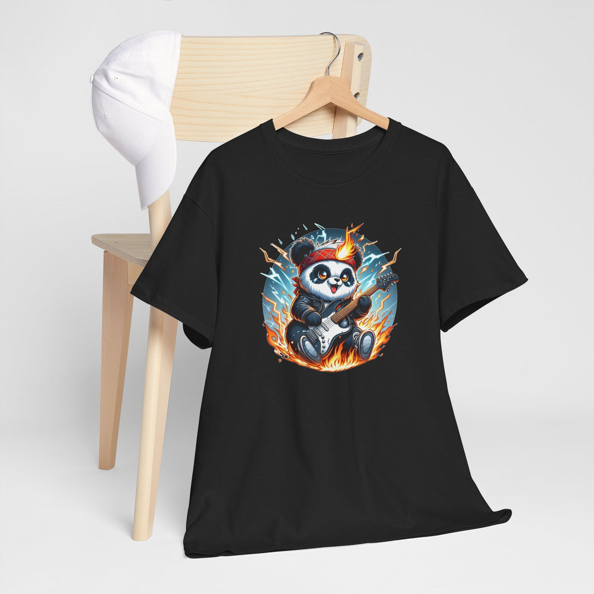 Tee Shirt Panda Guitariste Homme Femme – T-Shirt Panda Rock Guitare Électrique – Design Musique Flammes