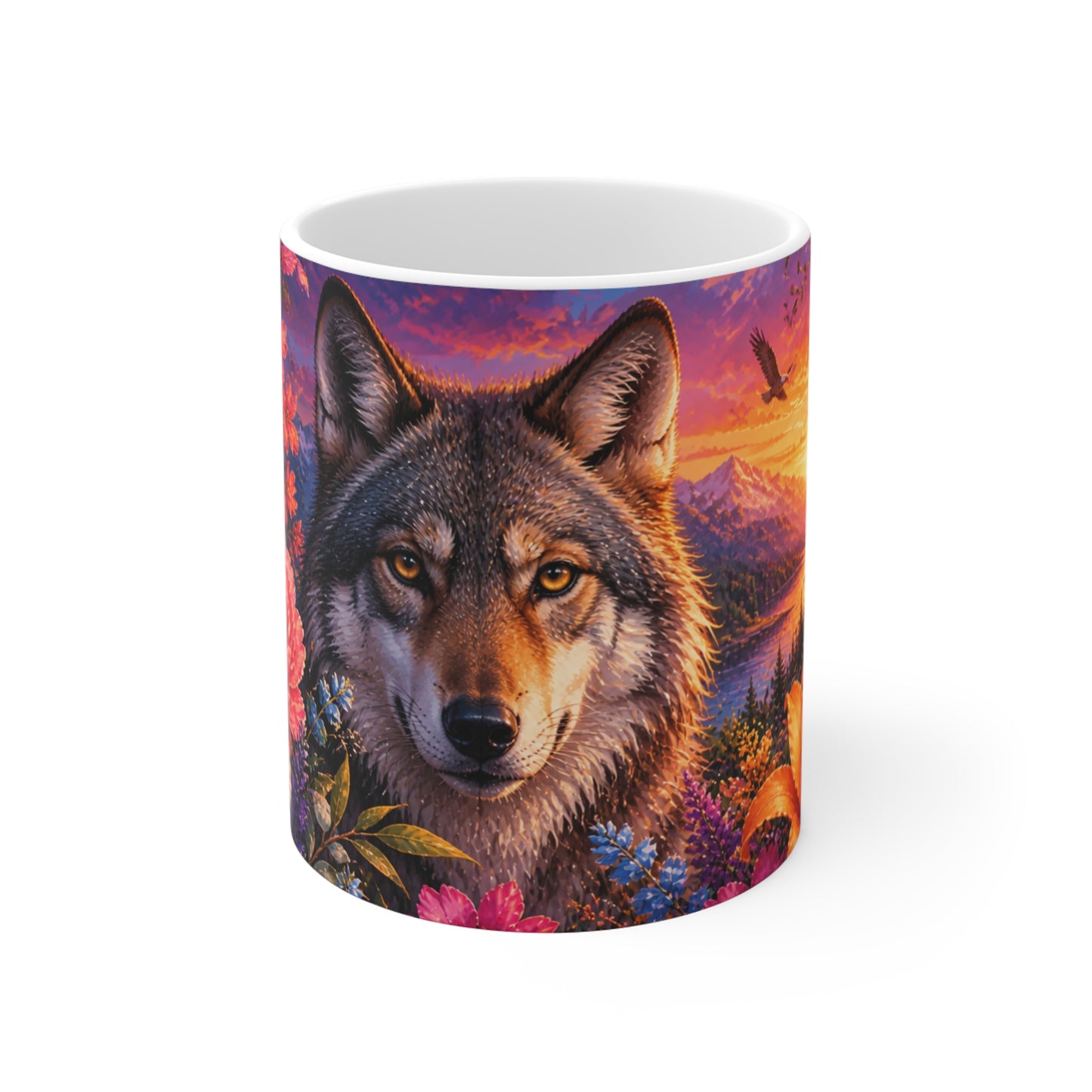 Tasse Loup Floral Coloré – Mug Animal Sauvage Nature – Cadeau Homme Femme Enfant 325ml