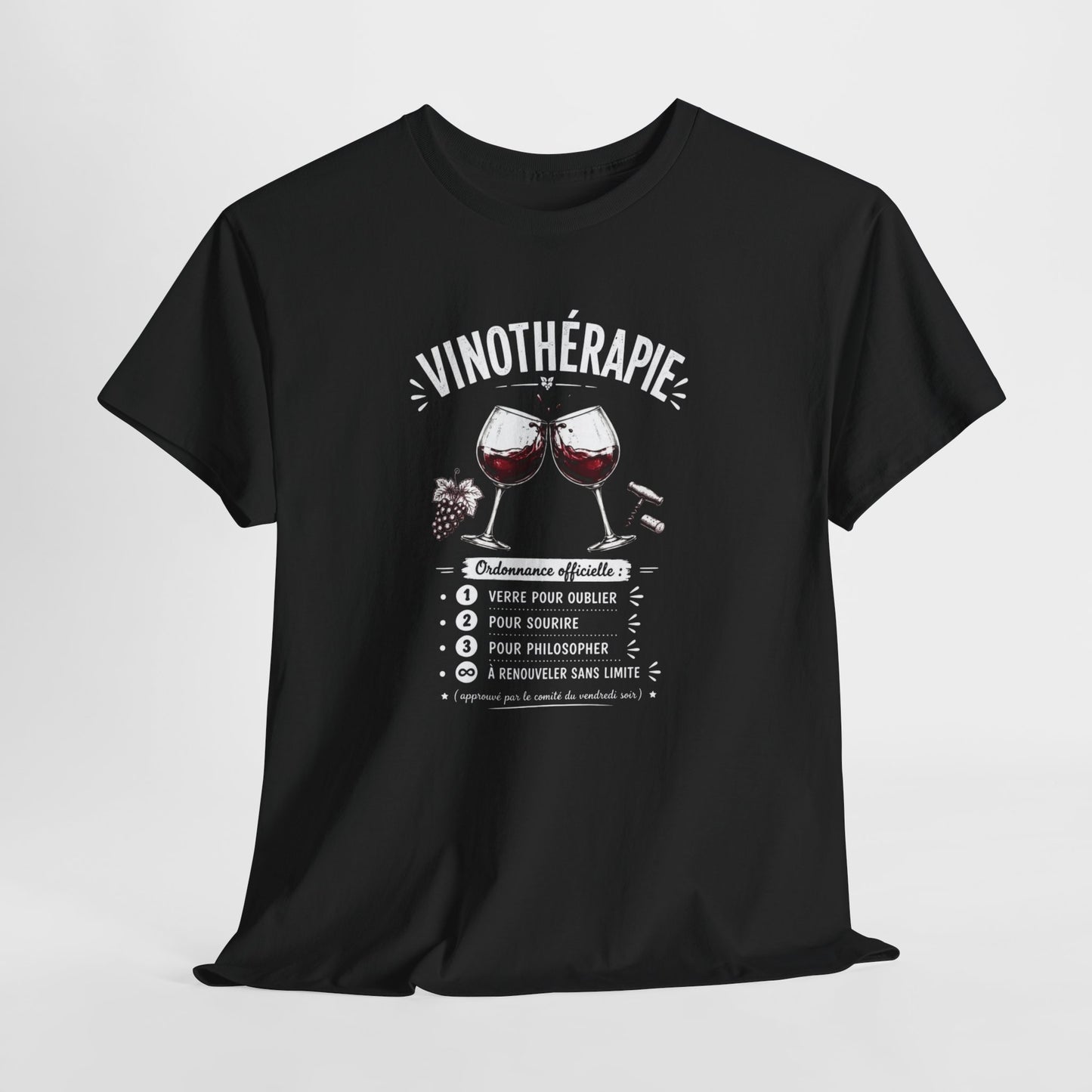 T-Shirt Vinothérapie Homme Femme – Tee Shirt Humour Vin Apéro – Cadeau Drôle Amateur Vin Soirée Noir Blanc Gris