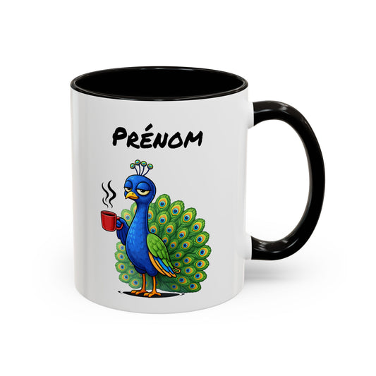Tasse Paon Fatigué avec Café – Mug Animal Coloré et Humour – Illustration Oiseau Mignon 325ml