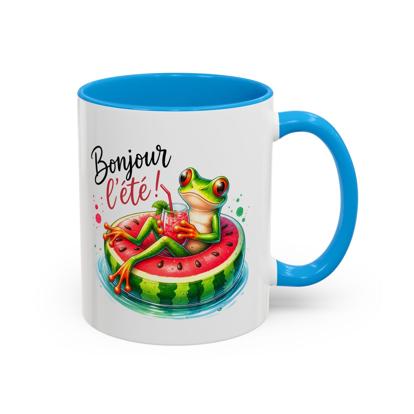 Tasse Bonjour l’Été – Mug Grenouille sur Bouée Pastèque – Cadeau Été Vacances Humour Homme Femme 325ml