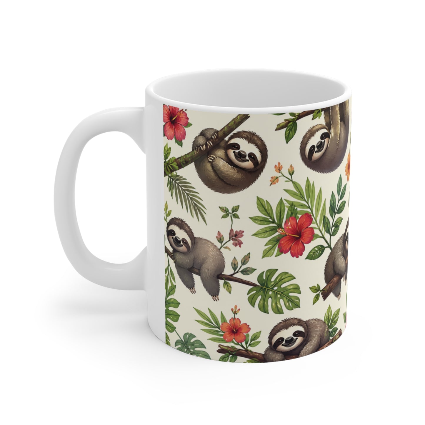 Tasse Paresseux Tropical Mignon – Mug Jungle Kawaii Fleur Hibiscus Feuilles Exotiques – Cadeau Homme Femme Enfant 325ml