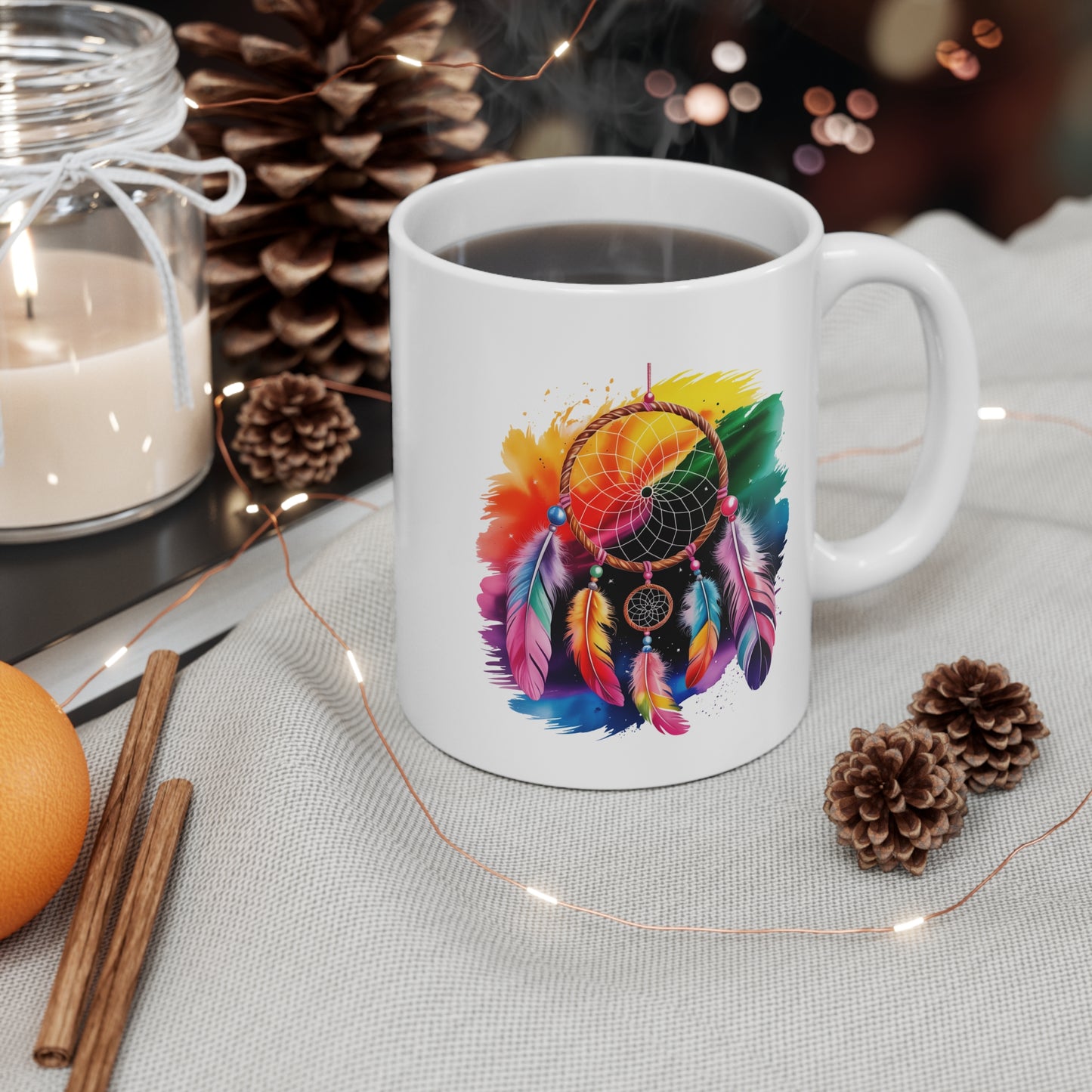 Tasse Attrape-Rêves Coloré – Mug Bohème Spirituel avec Plumes Arc-en-ciel – Design Mystique et Zen – Cadeau Original 325ml