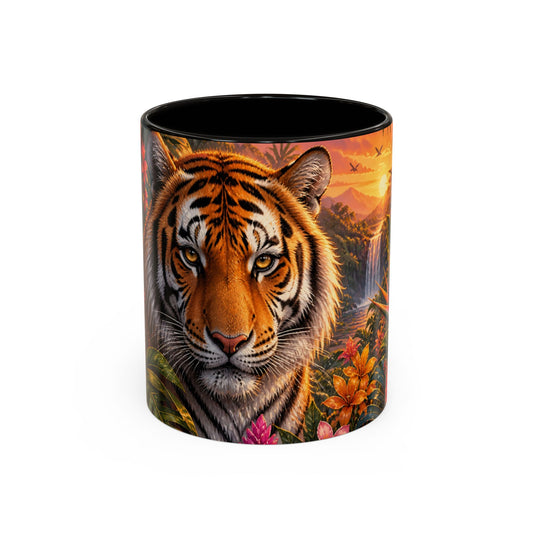 Tasse Tigre Tropical – Mug Jungle avec Tigre Majestueux, Fleurs Exotiques et Cascade au Soleil Couchant – Design Safari 325ml