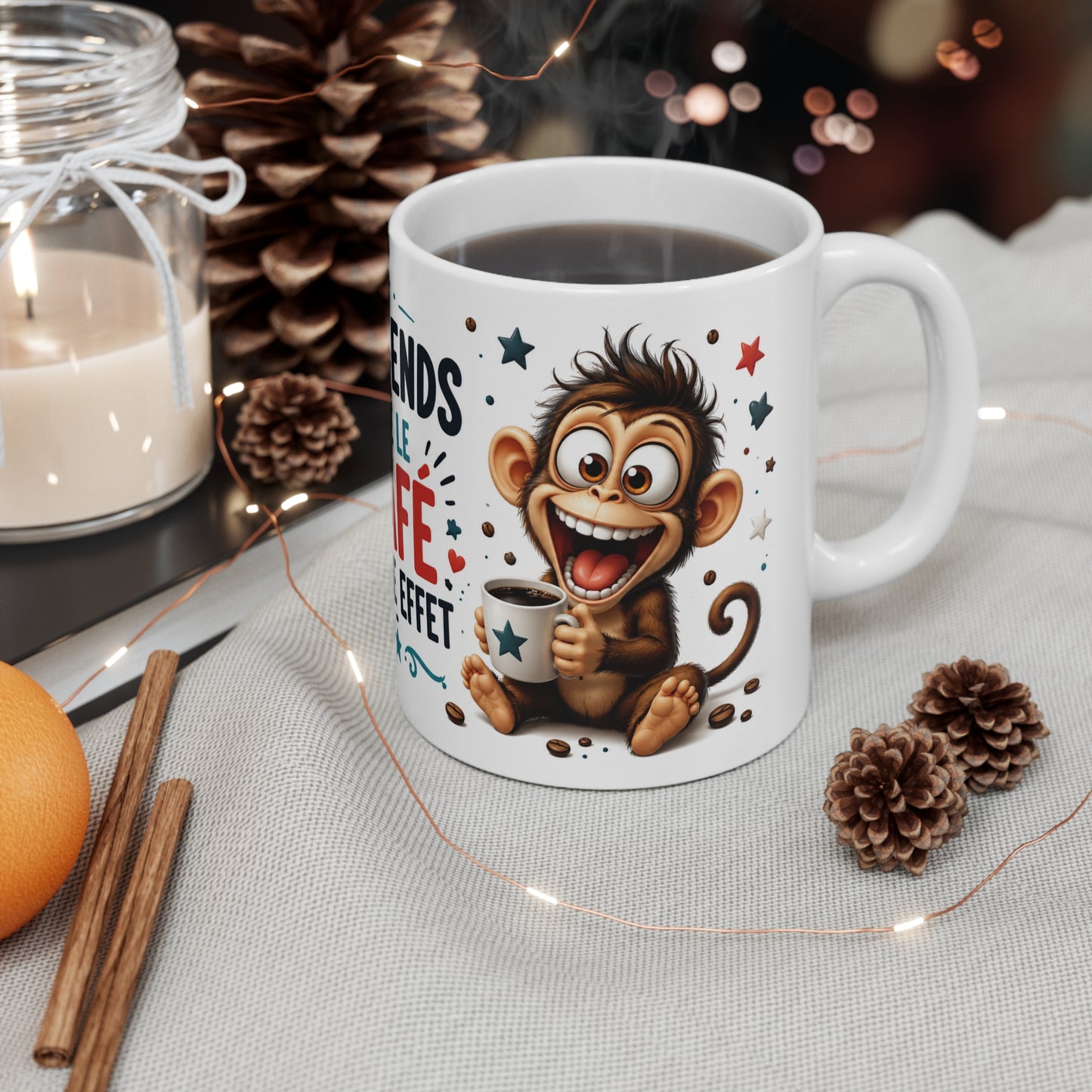 Tasse J’Attends Que Le Café Fasse Effet – Mug Singe Humour Café – Cadeau Drôle Homme Femme 325ml