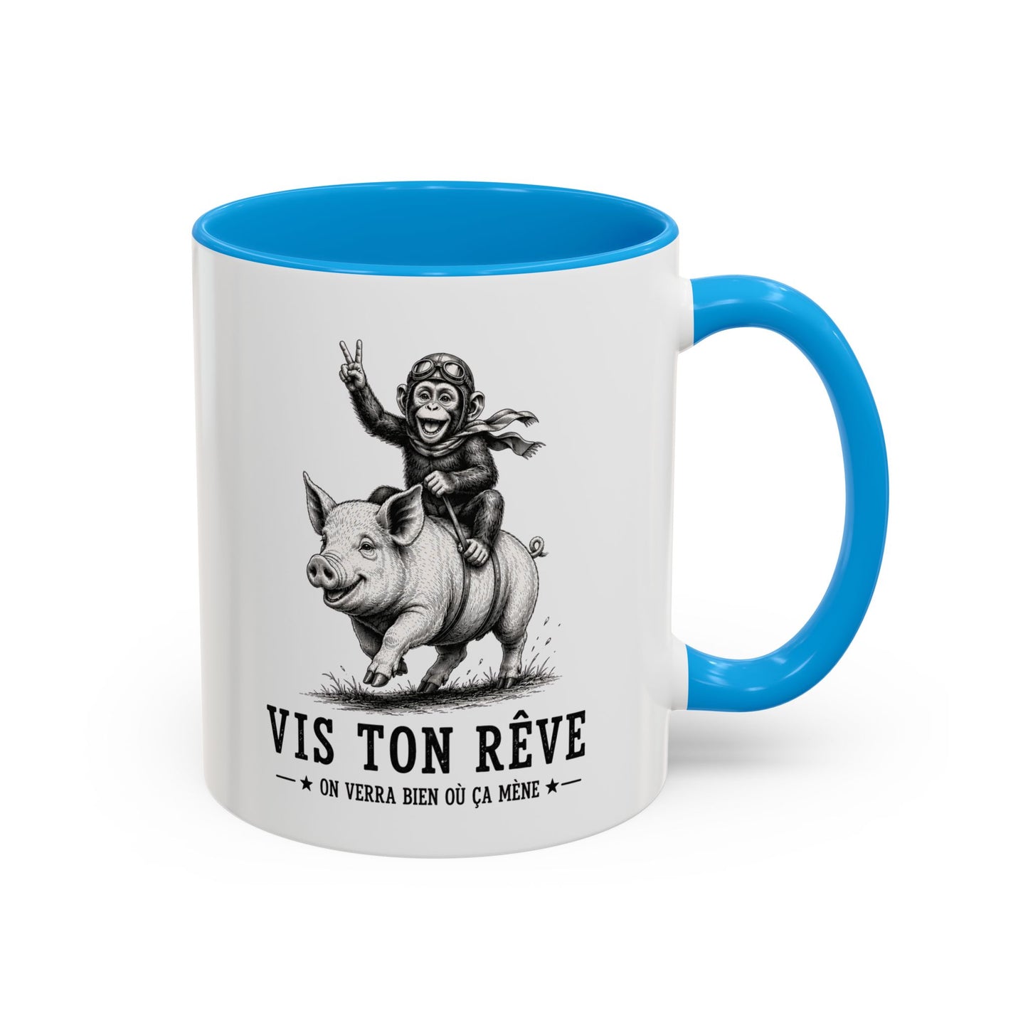 Tasse Vis Ton Rêve On Verra Bien Où Ça Mène – Mug Humour Singe Cochon Vintage – Cadeau Homme Femme 325 ml