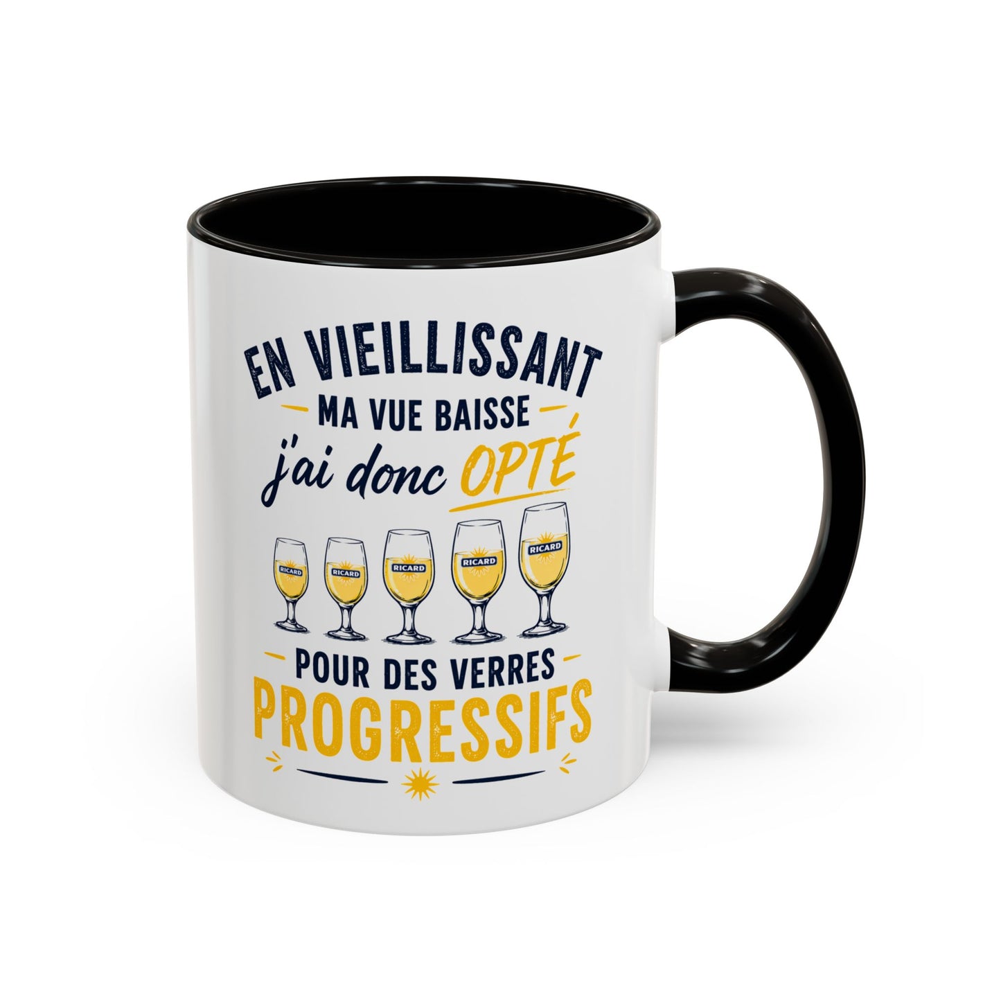 Mug Humour Pastis et Vieillesse – En Vieillissant Ma Vue Baisse J’ai Donc Opté pour des Verres Progressifs – Cadeau Drôle 325ml