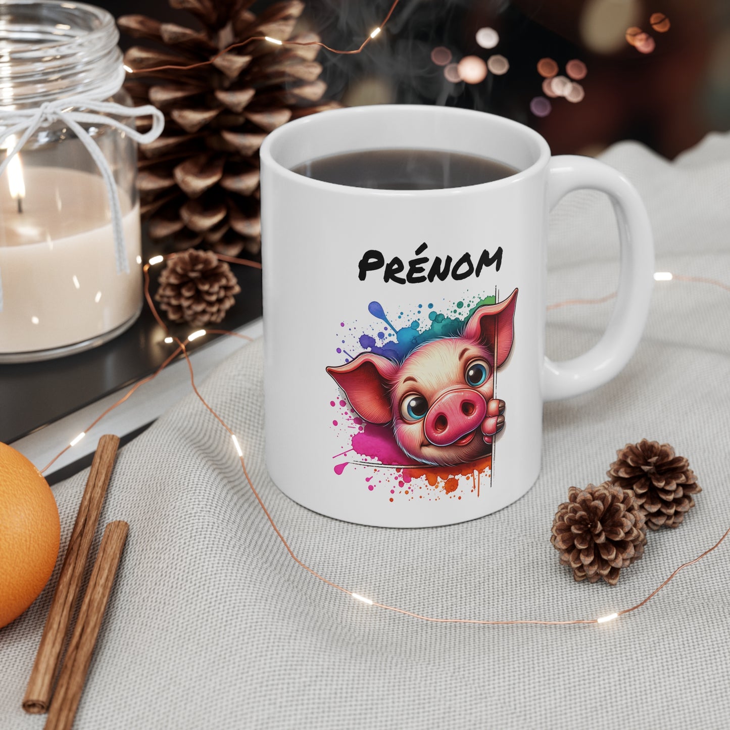 Tasse Personnalisable Cochon Mignon – Mug Prénom Illustration Colorée – Cadeau Animal Rigolo Ferme 325ml