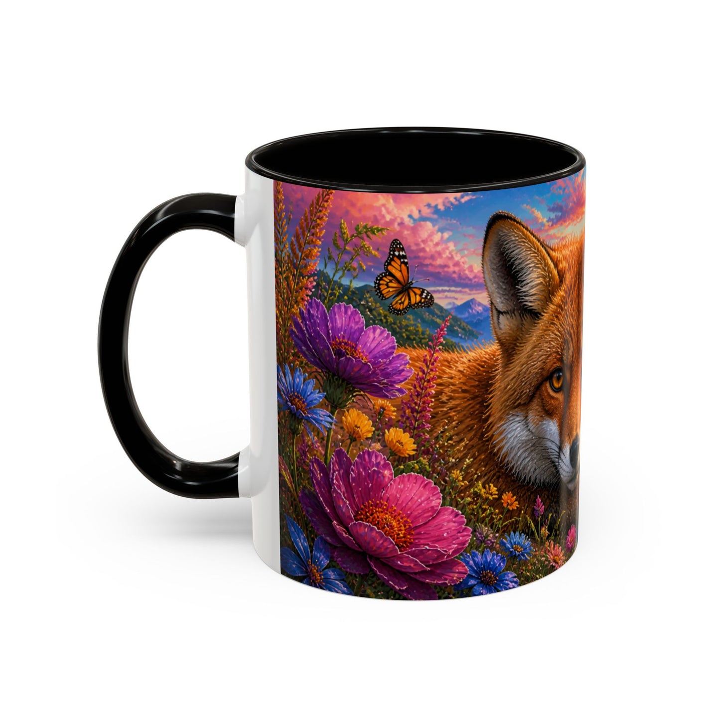 Tasse Renard et Fleurs Colorées – Mug Animal Nature et Montgolfières – Design Artistique Féérique – Céramique 325ml