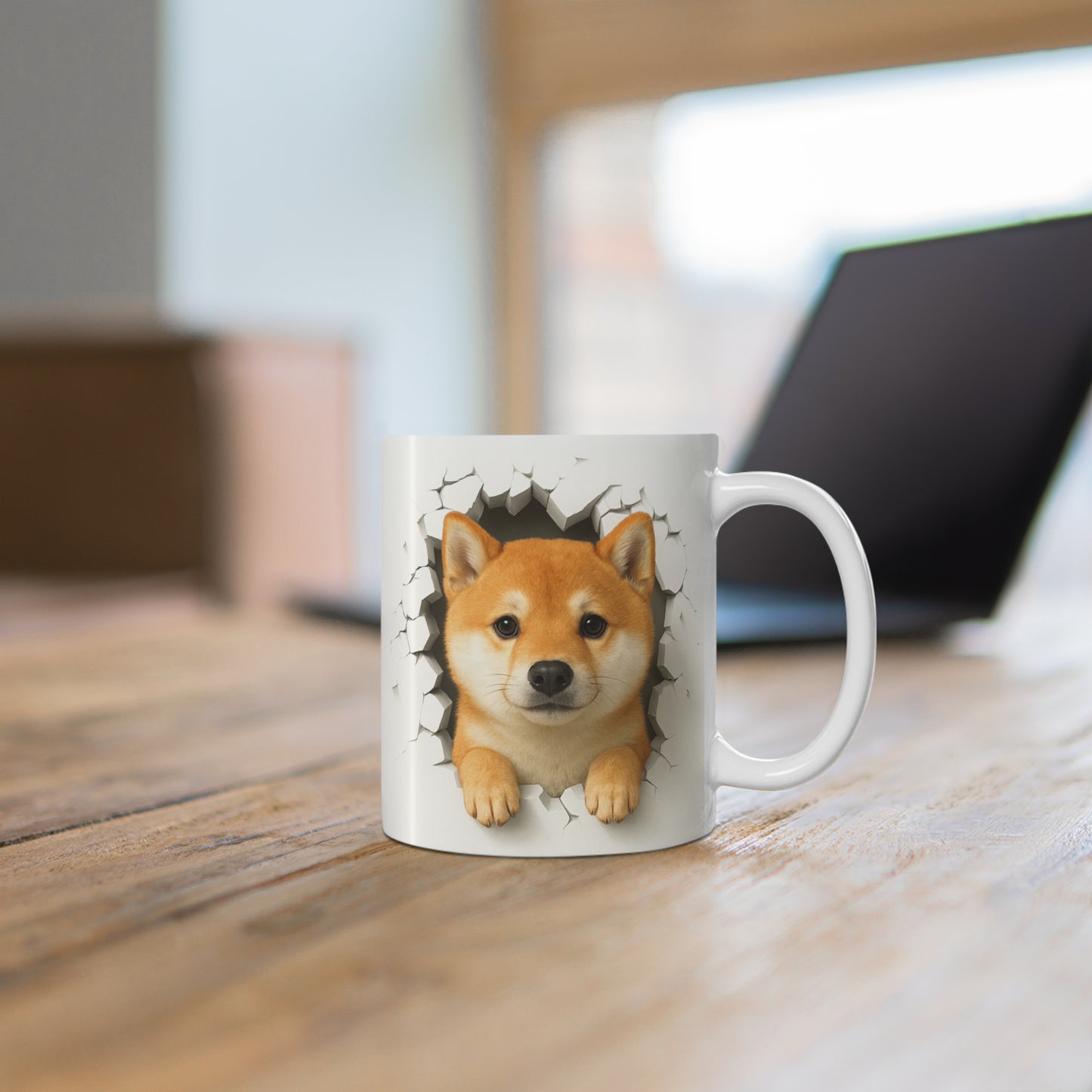 Mug Shiba Inu Effet Mur Cassé – Tasse Chien 3D Trompe-l’œil – Cadeau Original Amoureux du Shiba Inu