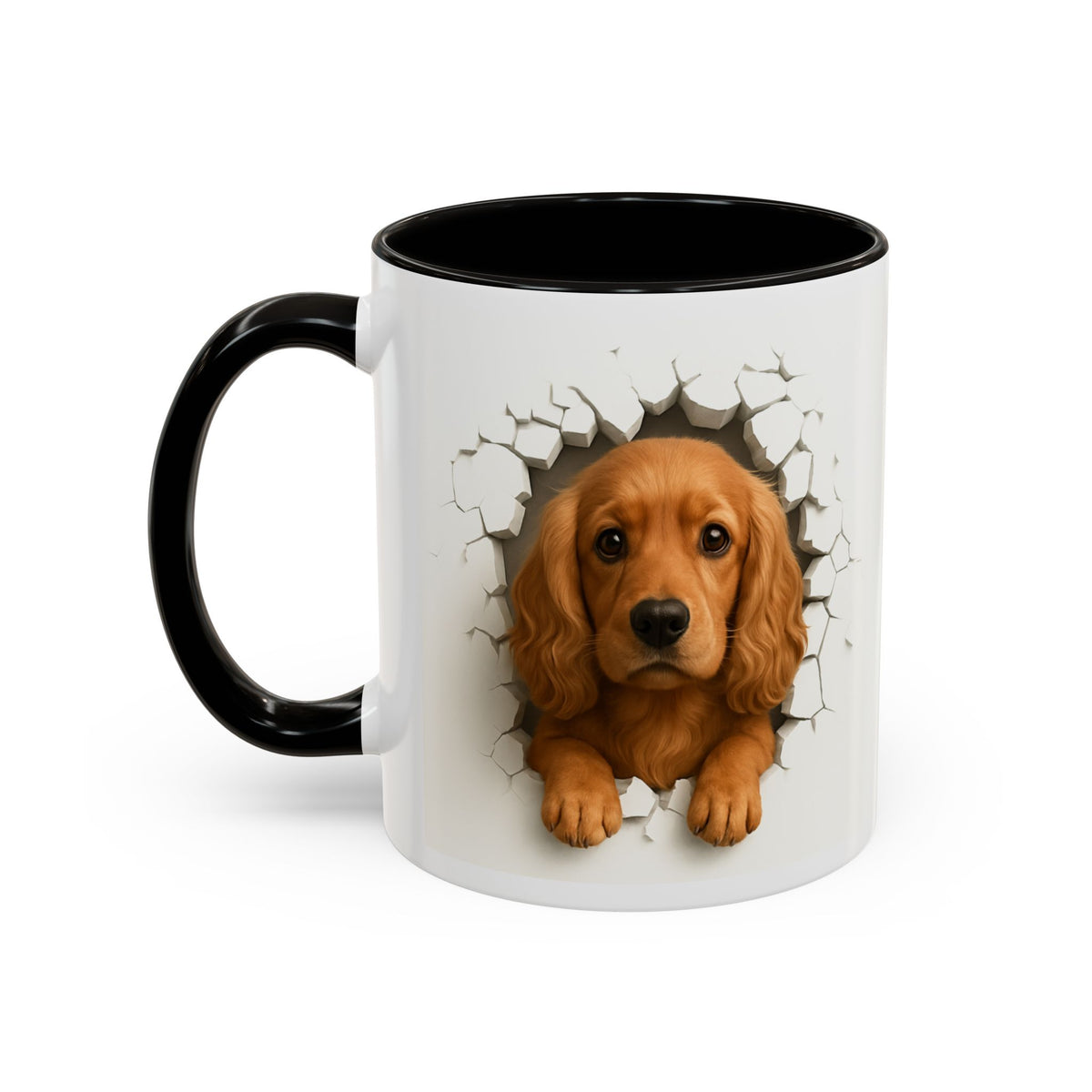 Mug Cocker Anglais Roux Effet Mur Cassé – Tasse Chien 3D Trompe-l’œil – Cadeau Original Amoureux du Cocker noir bleu rouge