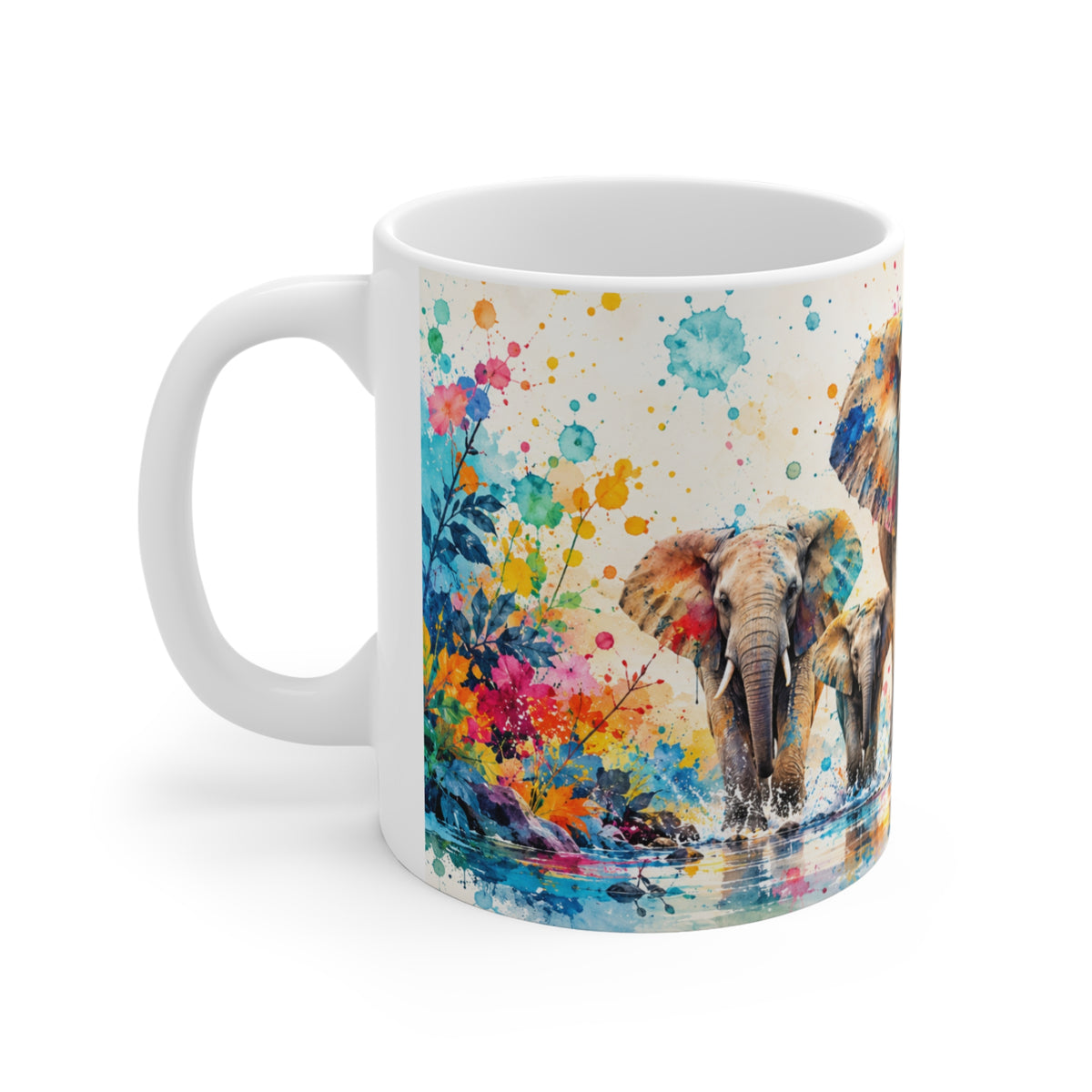 Mug Famille d’Éléphants Colorés – Tasse Style Aquarelle Afrique Savane – Cadeau Original Amoureux des Animaux