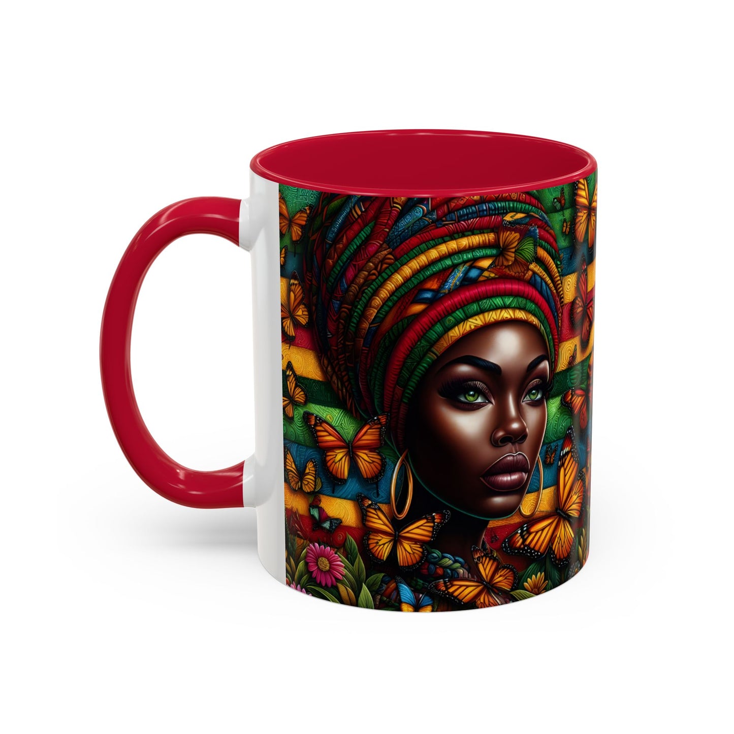 Mug Femme Afro Art Coloré – Tasse Portrait Afro avec Papillons et Motifs Tropicaux – Design Bohème 325ml