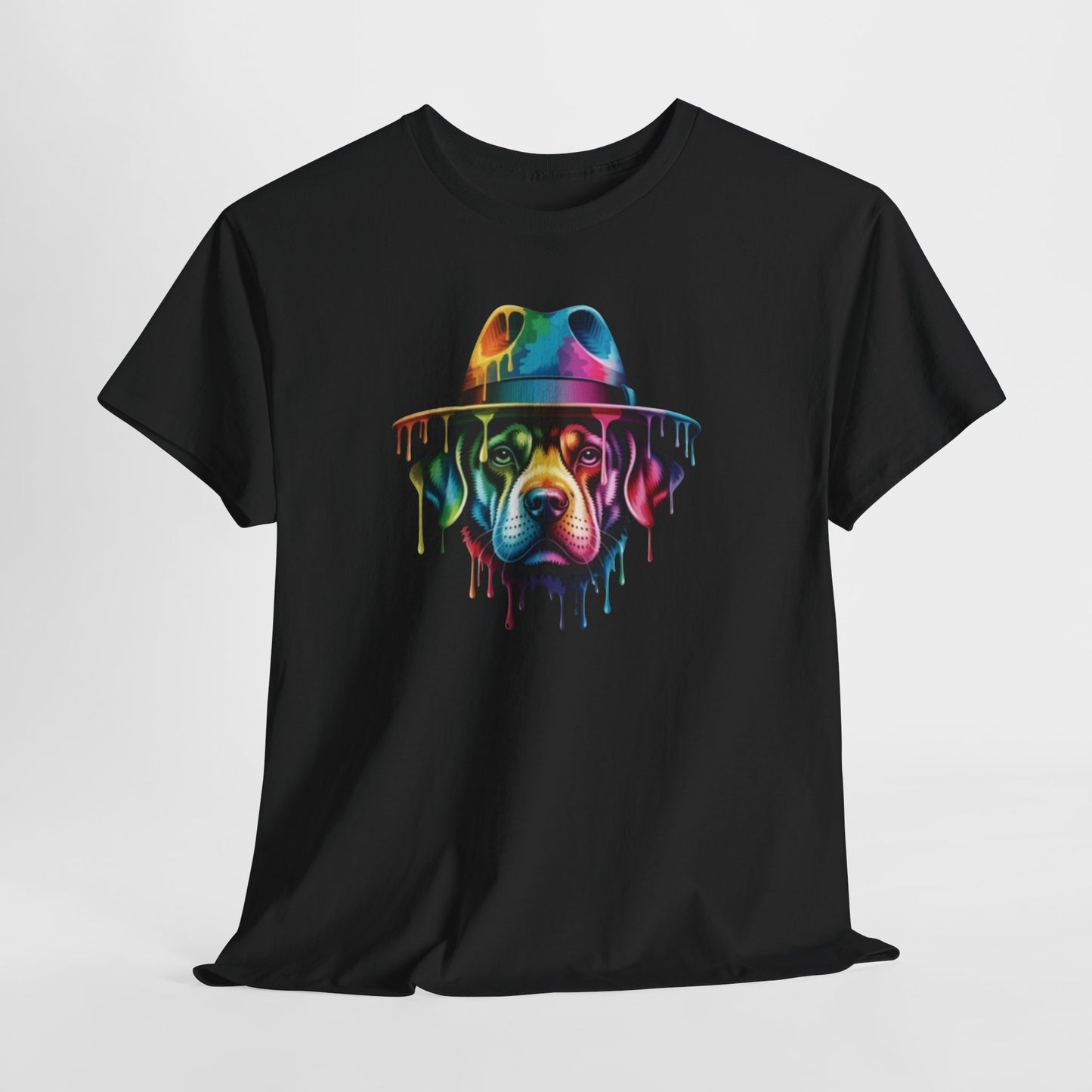 T-Shirt Chien Coloré avec Chapeau – Tee Shirt Art Urbain Peinture Dripping – Cadeau Original Style Streetwear Noir Blanc Gris
